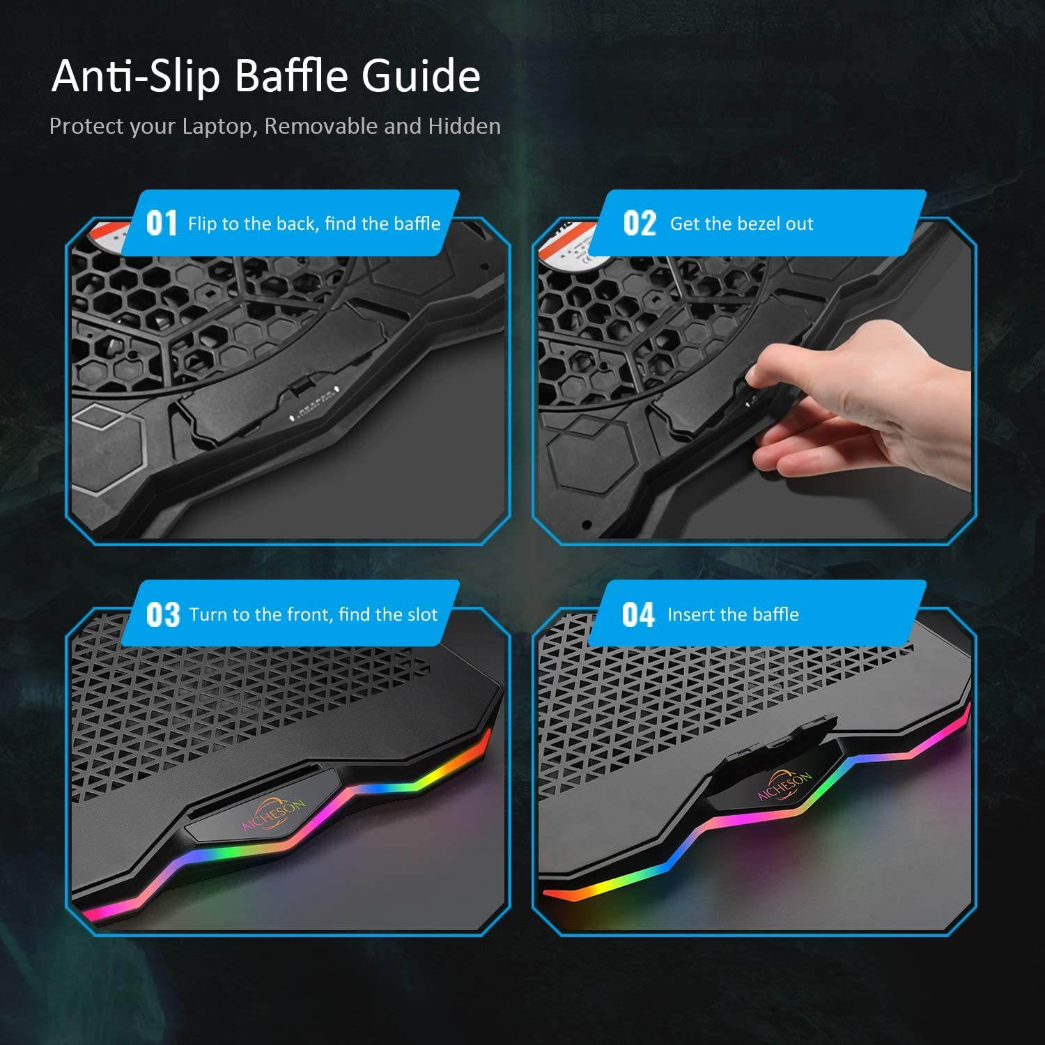 Laptop Cooling Cooler Pad 15.6-17.3 Inch with Metal Panel, 1 Big Fan, Rainbow Lights, AA3