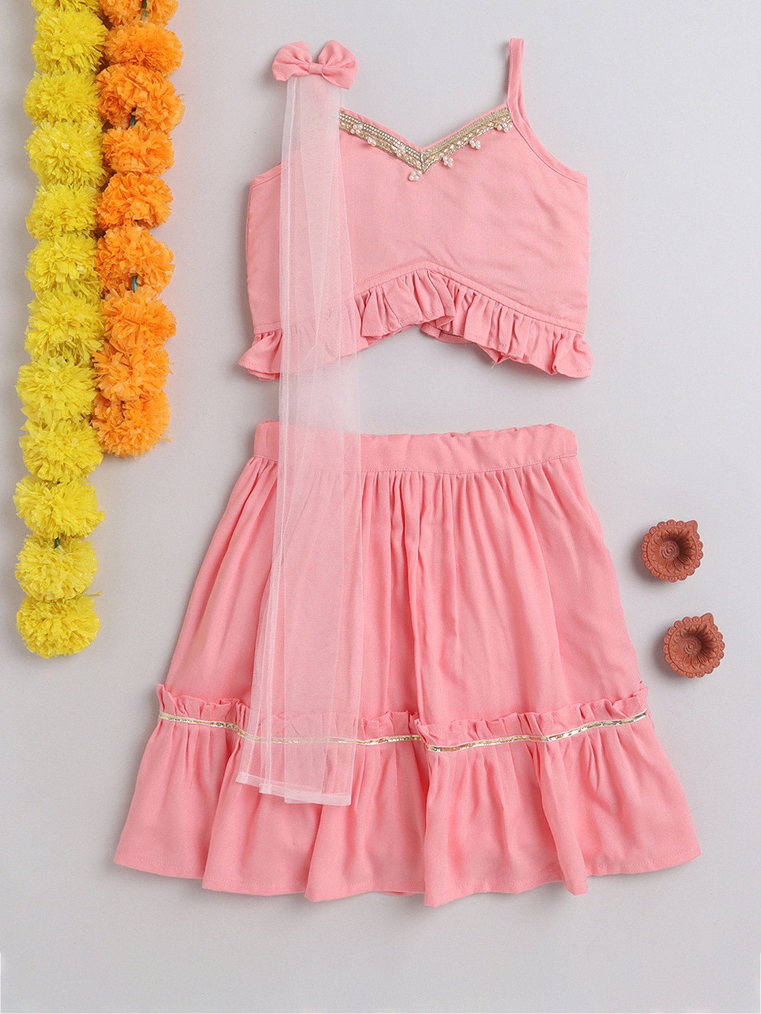 Many Frocks Kids Peach Solid Lehenga, Choli with Dupatta