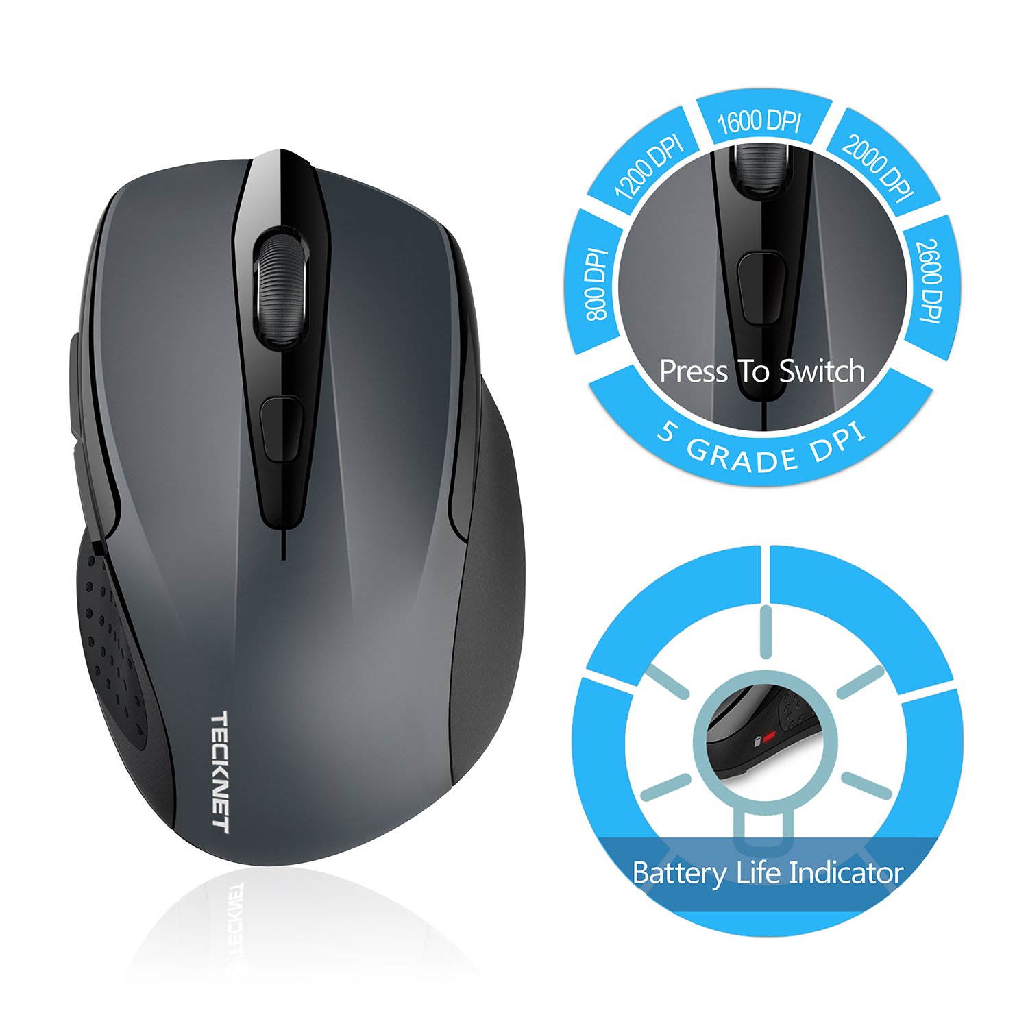 TeckNet 2600DPI Bluetooth Wireless Mouse, 24 Months Battery Life with Battery Indicator, 2600/2000/1600/1200/800DPI (Black)