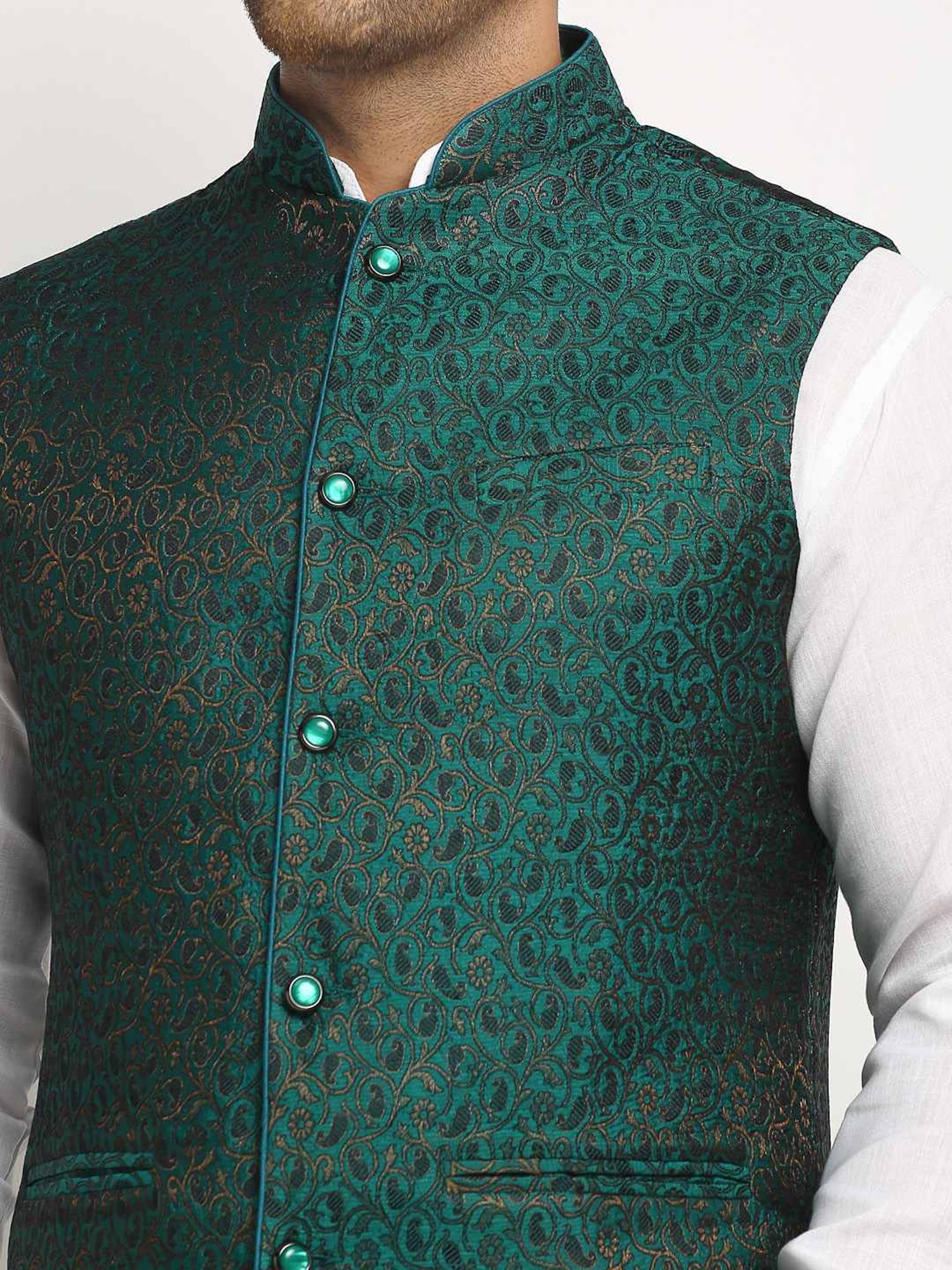 Treemoda Bottle Green Regular Fit Self Pattern Nehru Jacket
