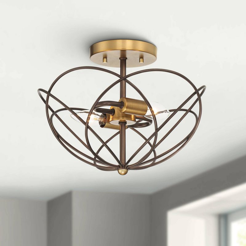 360 Lighting Mid Century Modern Ceiling Light Semi Flush Mount Fixture Bronze Warm Brass 13" Wide 2-Light Open Wire Caged Bedroom
