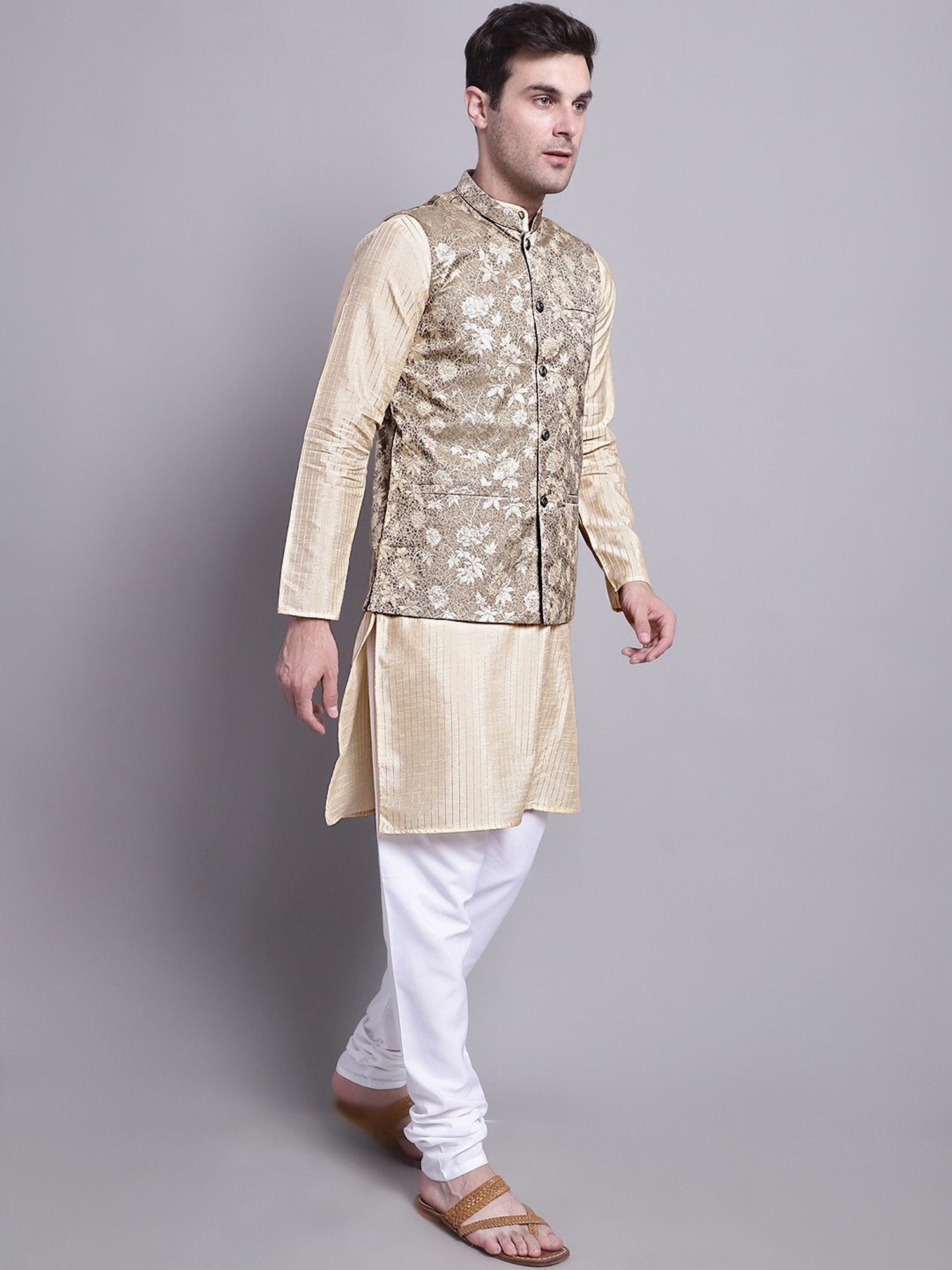 Jompers Beige Regular Fit Printed Nehru Jacket