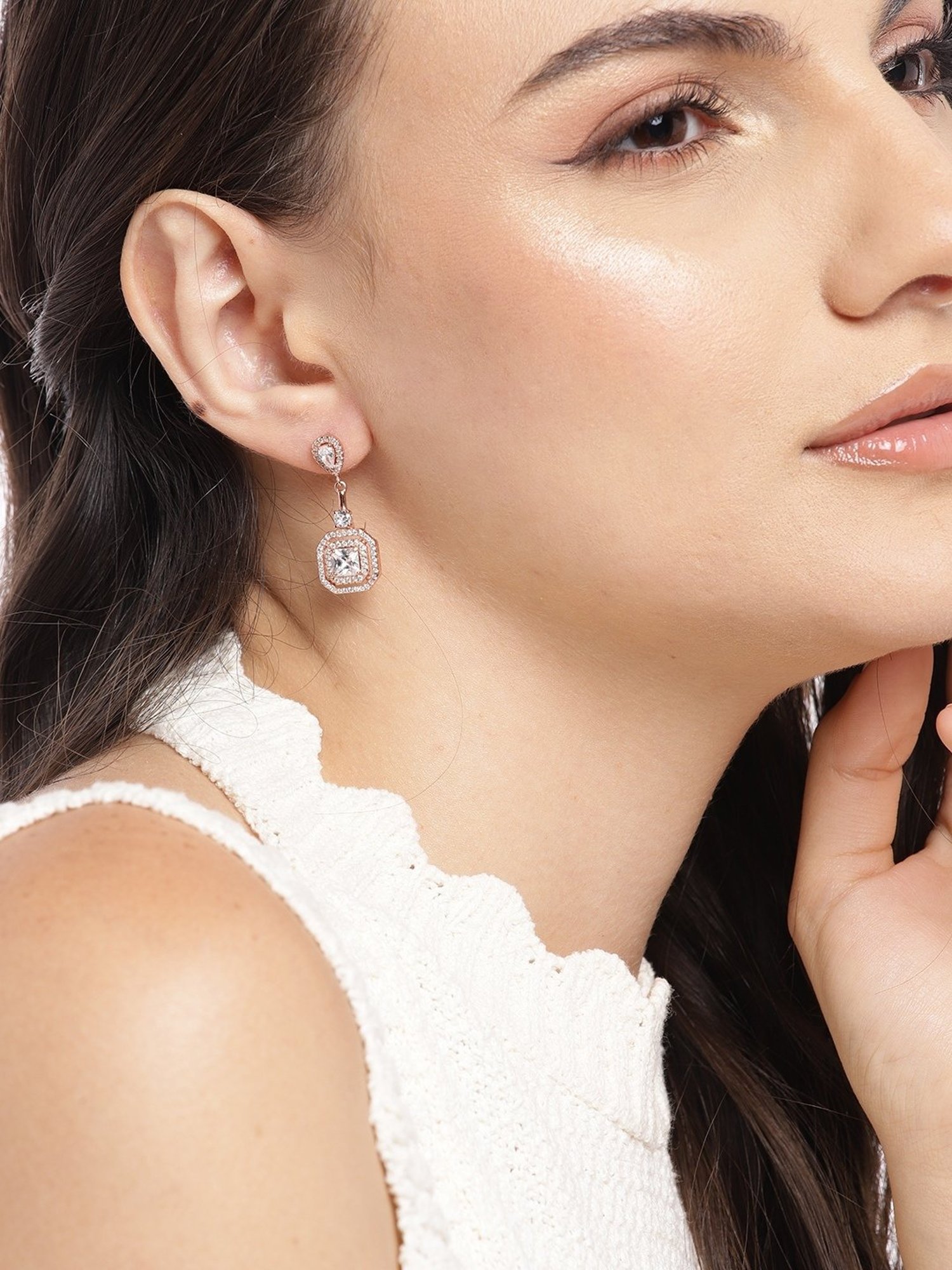 Zavya 92.5 Sterling Silver Golden Radiance Square Cubic Zirconia Drop Earrings for Women