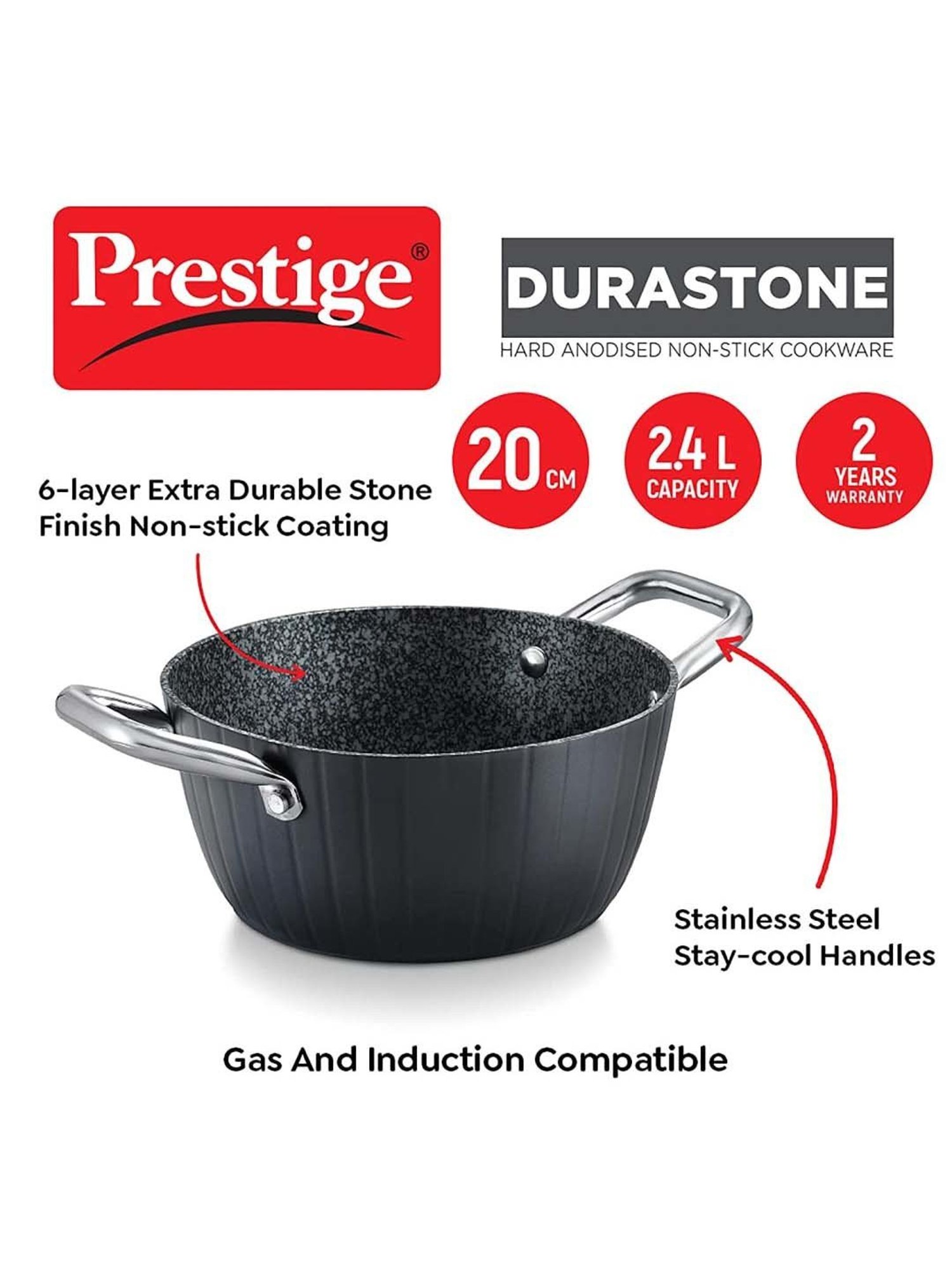 Prestige Black Hard Anodised 20 cm Non-Stick 6-Layer Casserole With Lid (2.4 L)