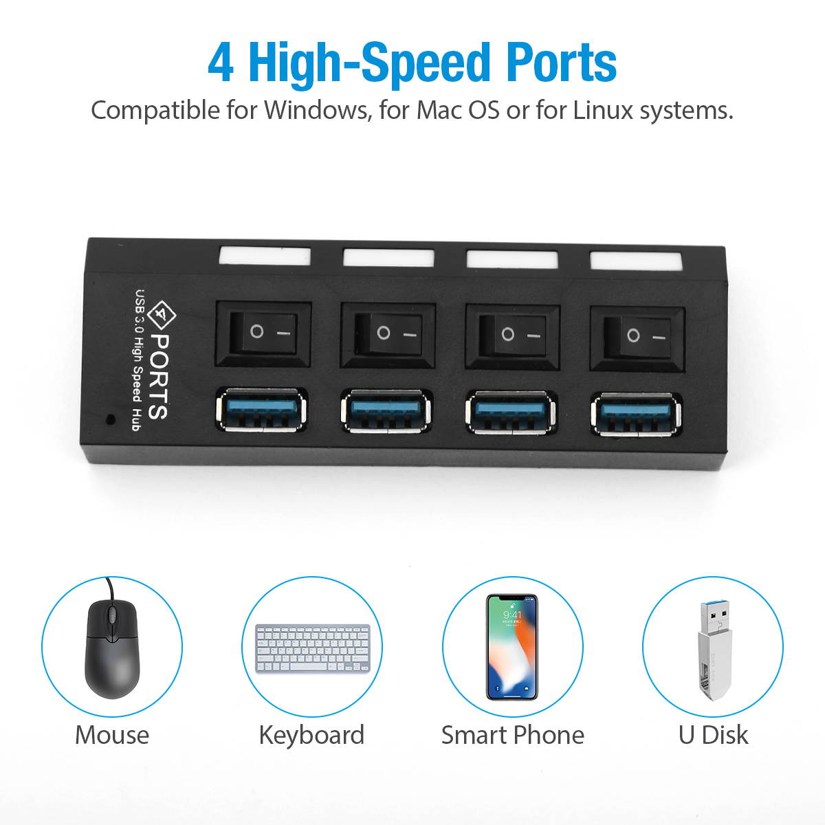 FirstPower 4 Ports USB 3.0 Hub, Portable SuperSpeed USB 3.0 Hub, Splitter 5Gbps, Individual On/Off Switches LED, USB Extension Multi-function USB Dock Hot Swapping Support with US AC Power Plug