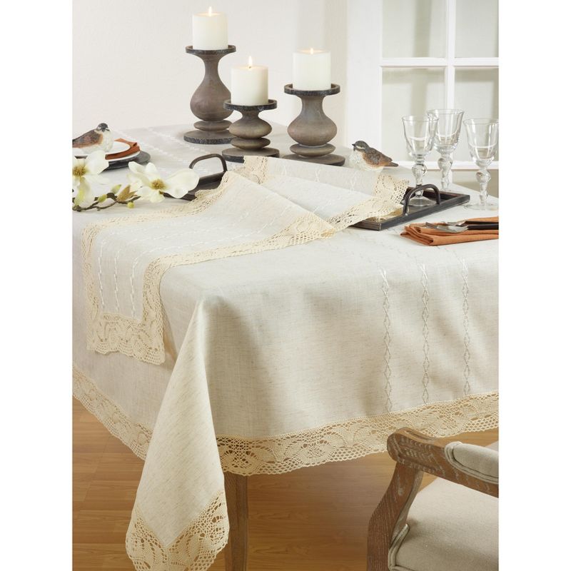 Saro Lifestyle Poly And Linen Blend Tablecloth With Embroidered Lace Design, 72"x72", Natural, Square
