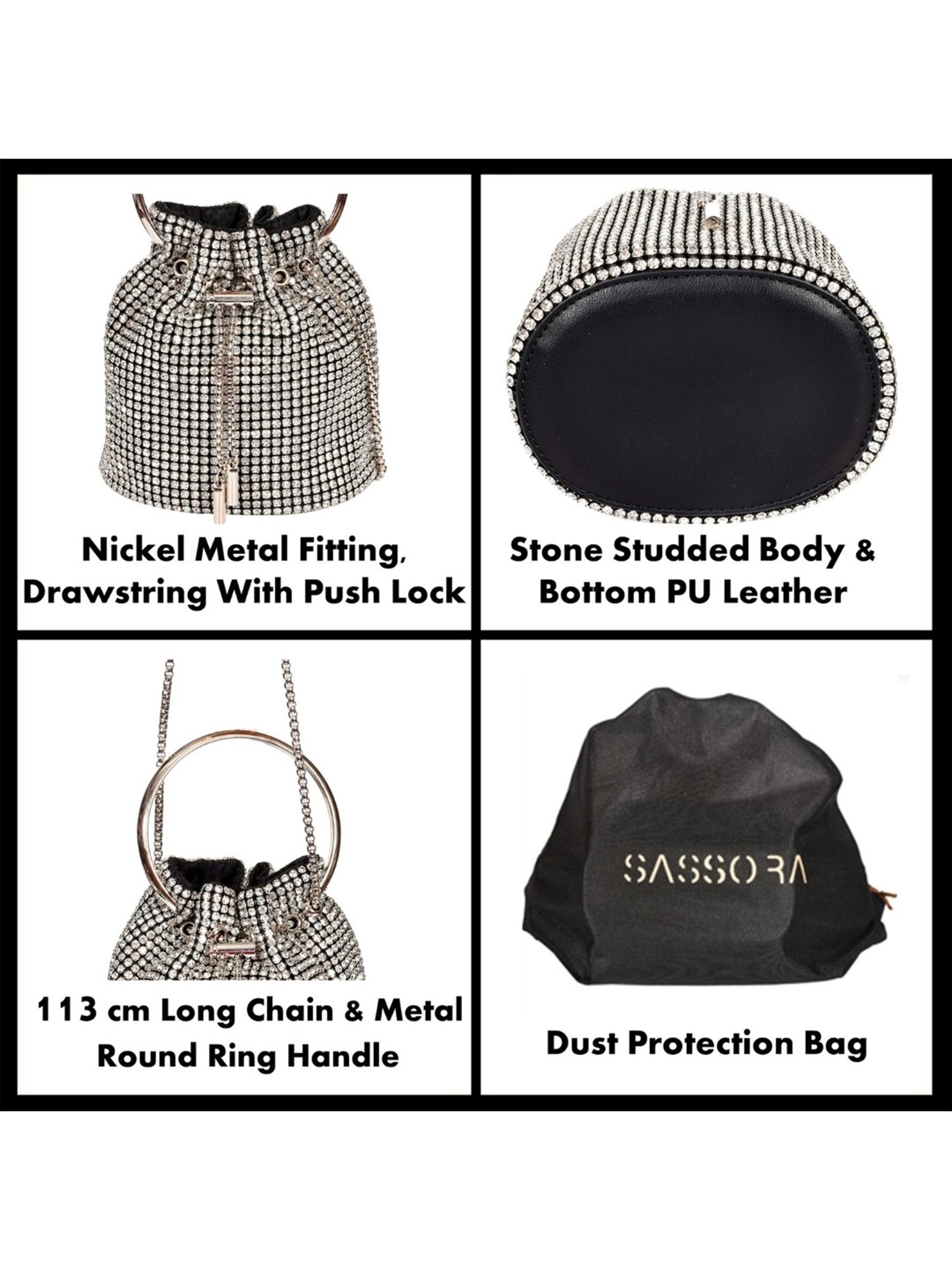 SASSORA RIM Silver Leather Embellished Handbag