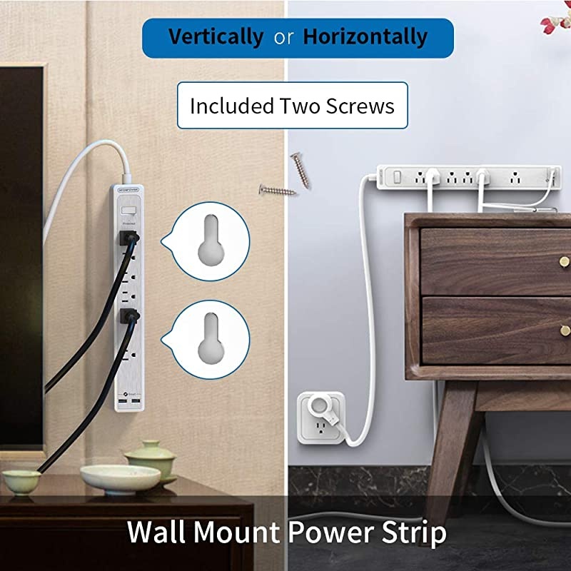 Outlets Surge Protector Power Strip with 2 USB Ports, 5ft Long Extension Cord, 1875W Flat Plug Power Strip Heavy Duty, Widely Spaced Outlet, Wall Mount for for Office Home Theater, White, 500 J