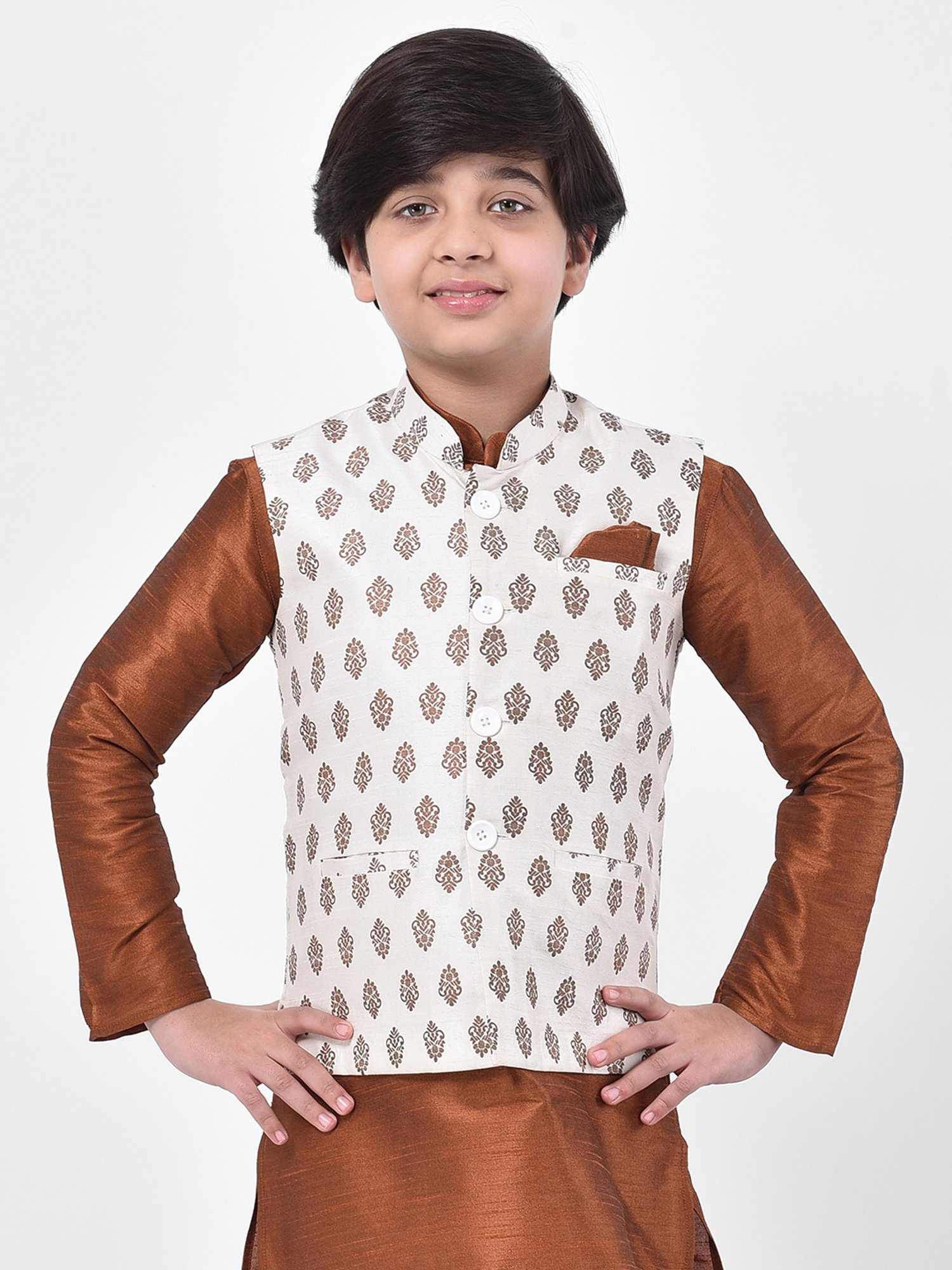 Deyann Kids Off White Printed Nehru Jacket