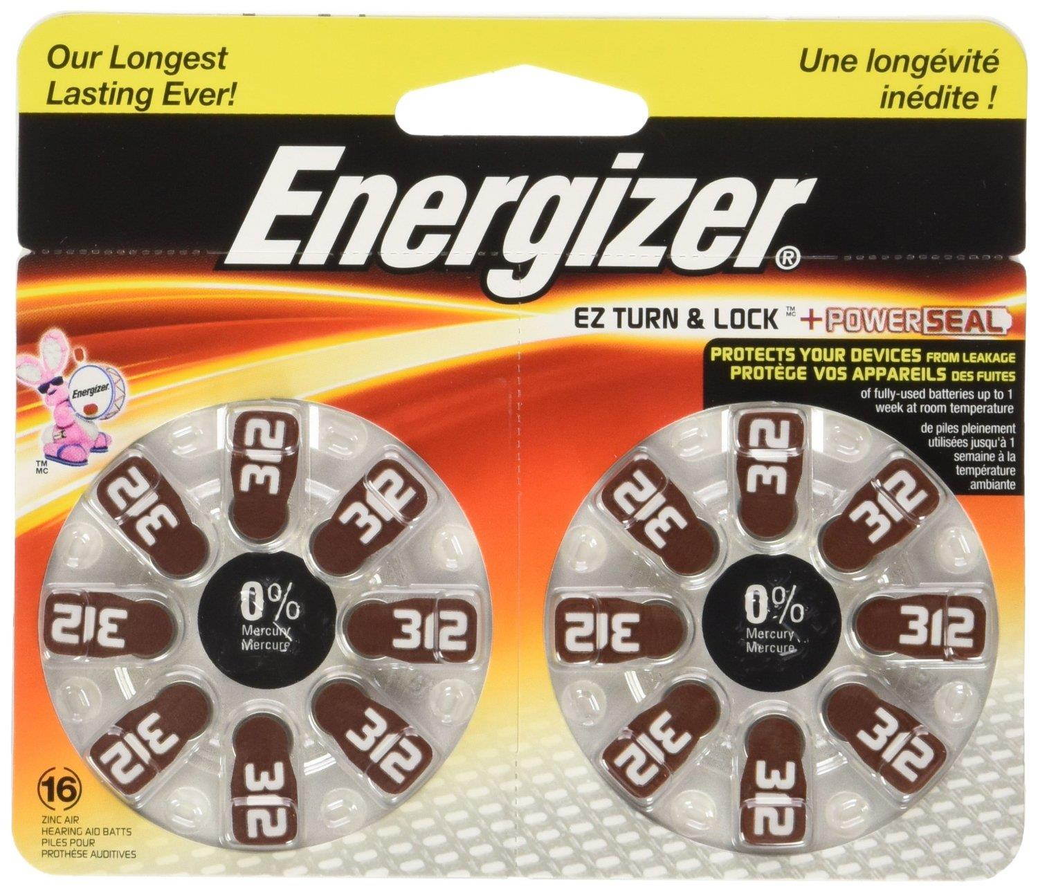 Energizer 312 Hearing Aid Batteries, 16 Per Pack, AZ312DP-16