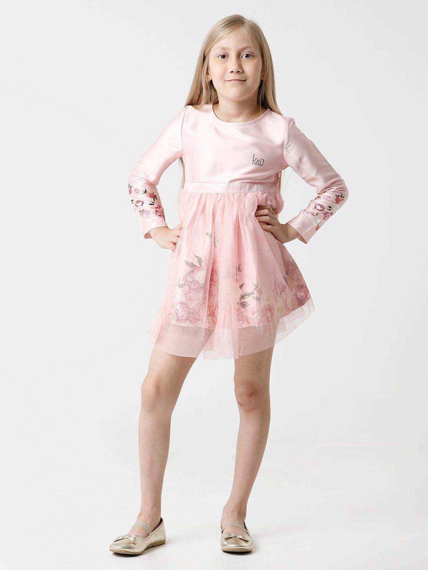 Kate & Oscar Kids Pink Embellished Full Sleeves Dress