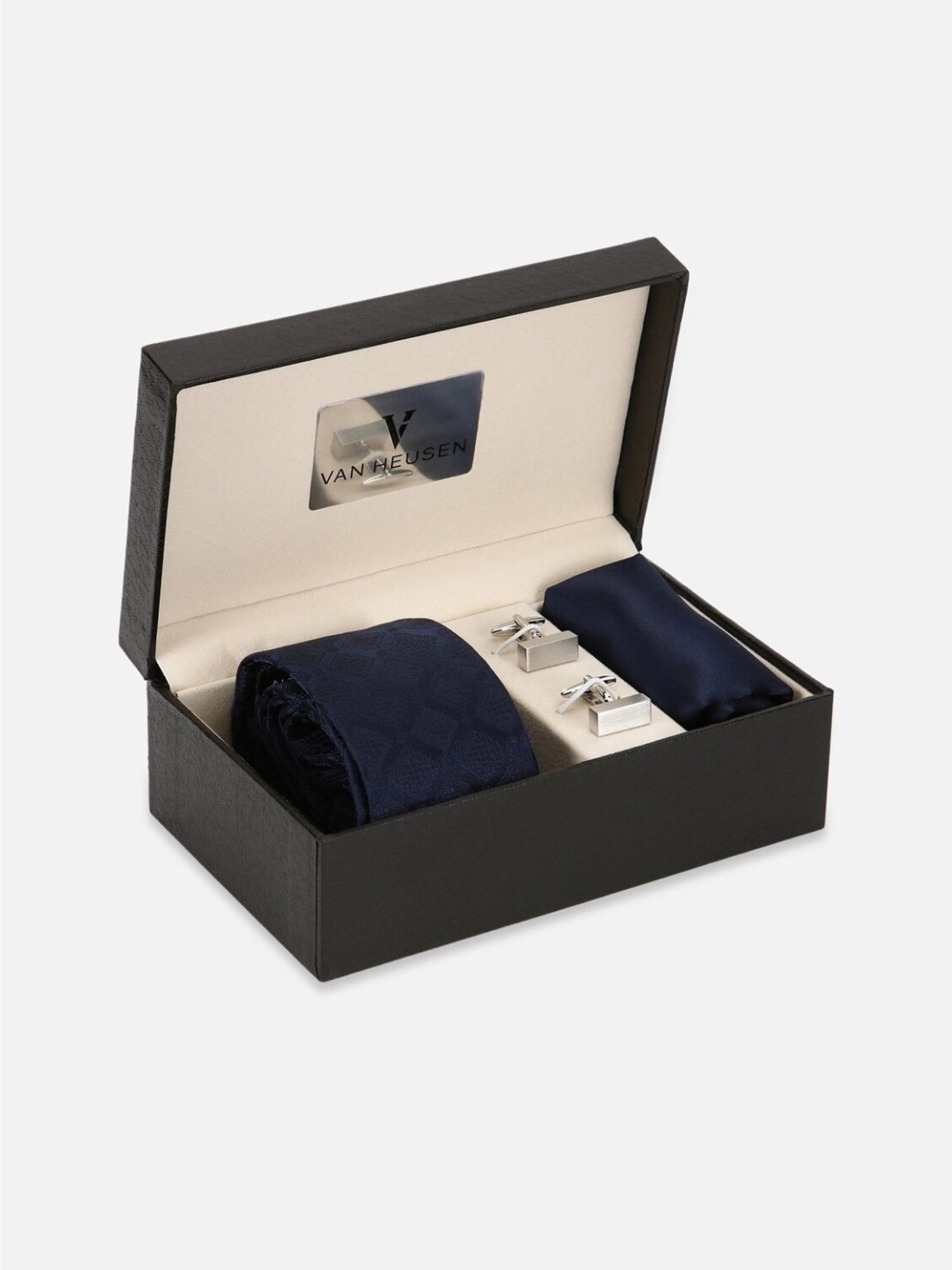 Van Heusen Navy Embroidered Tie with Pocket Square & Cufflinks