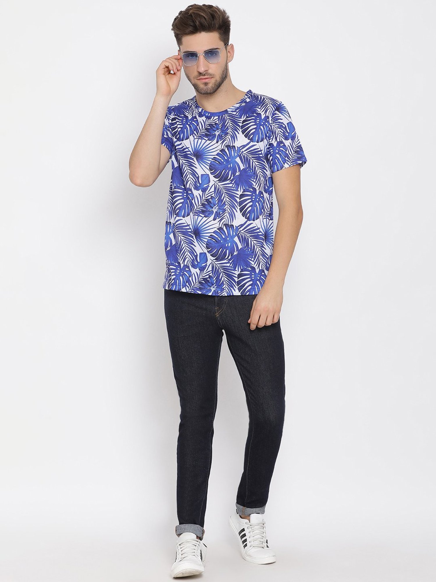 Hangup Plus White & Blue Regular Fit Printed Crew T-Shirt