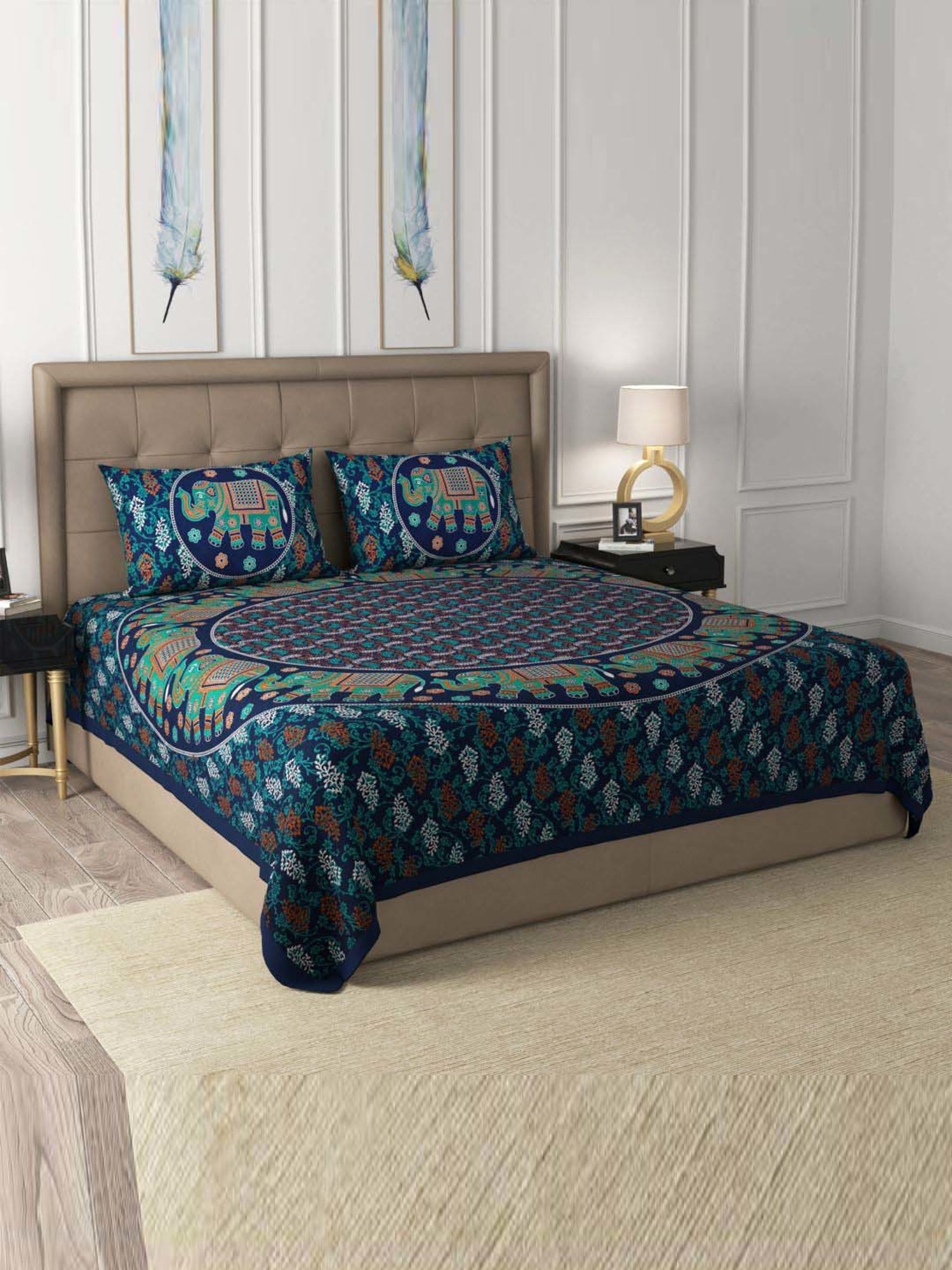 JaipurFabric Indigo 100% Pure Cotton 180 TC Double Bedsheet with 2 Pillow Covers