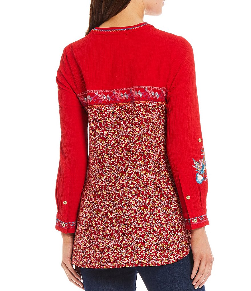 Calessa Mixed Media Floral Embroidery Contrast Back Button Front Tunic