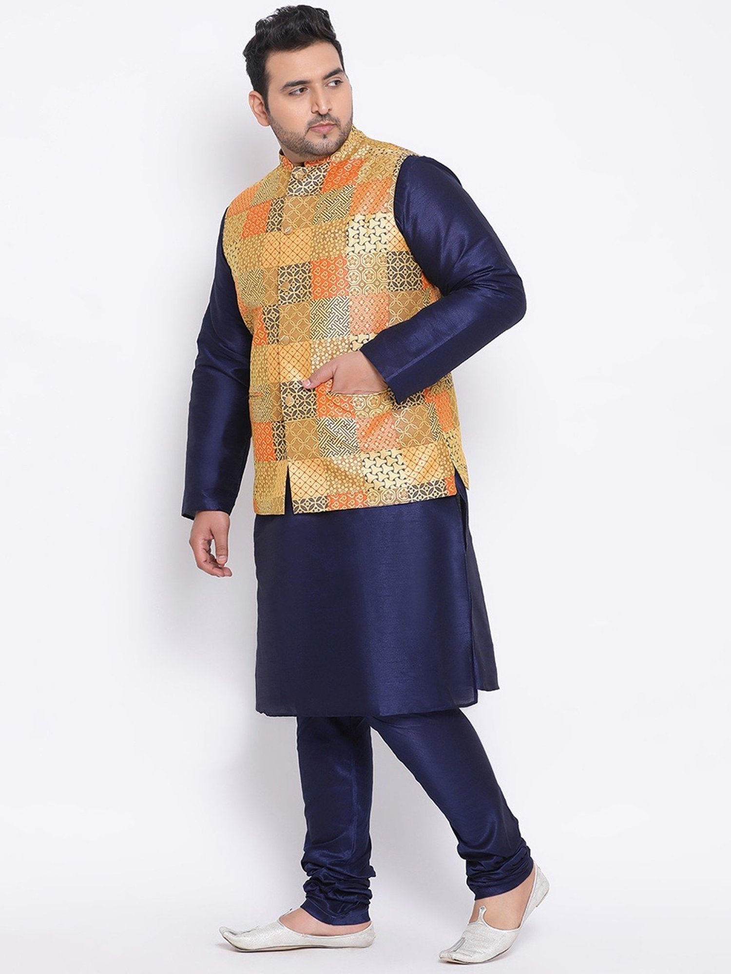 KISAH PLUS Yellow & Navy Regular Fit Printed Kurta Set With Jacket