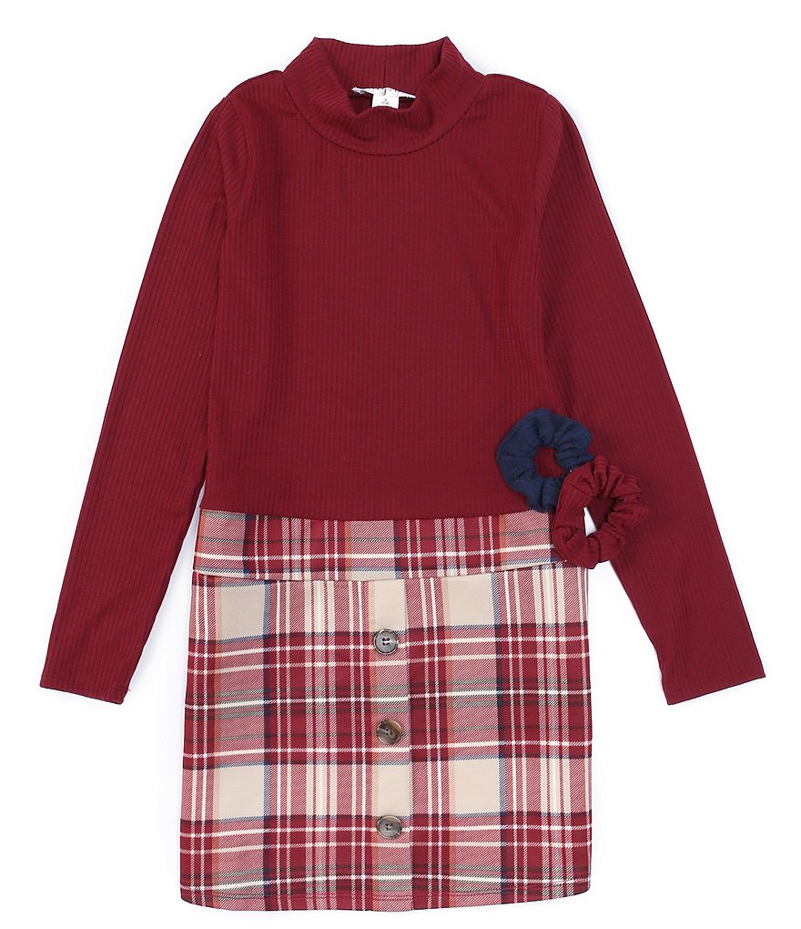 Ally B Big Girls 7-16 Long-Sleeve Mock-Neck Sweater Top With Plaid Skirt