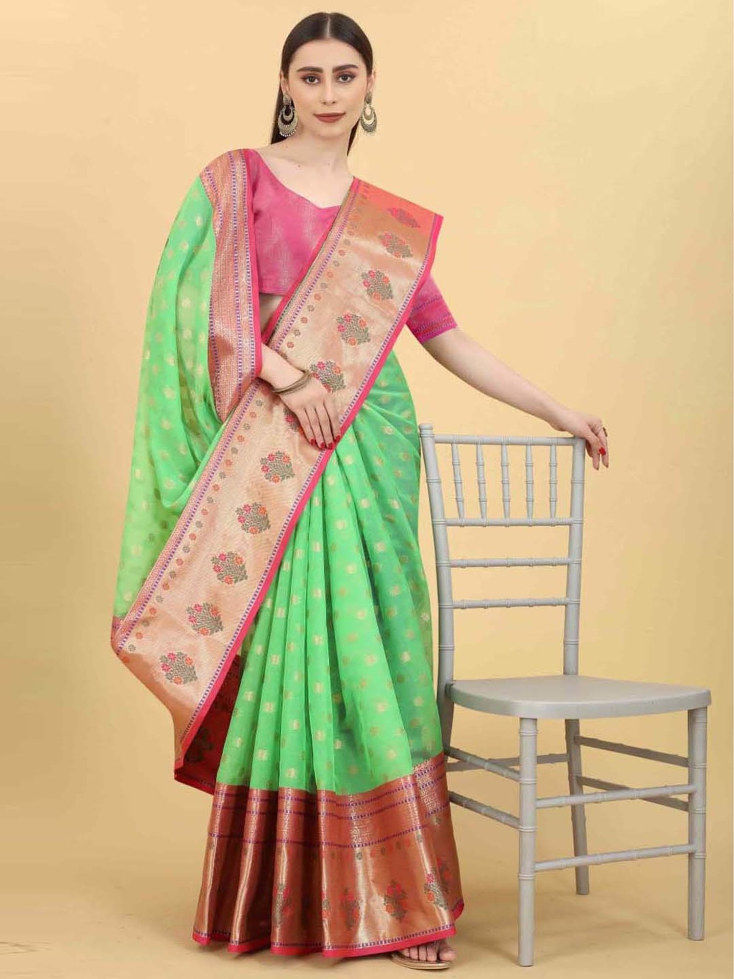 Silk Land Green Silk Woven Saree With Unstitched Blouse