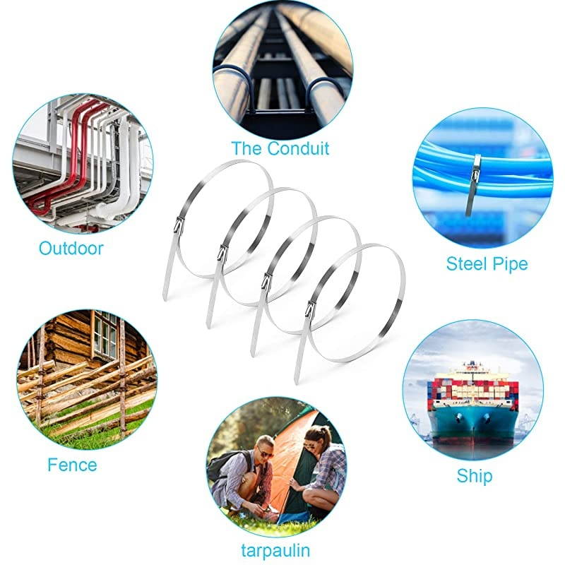 118 Inch Metal Cable Zip Ties 304 Stainless Steel Multipurpose Heavy Duty Selflocking Cable TiesSuitable for Exhaust Wrapping Fence Outdoor and Canopy Etc
