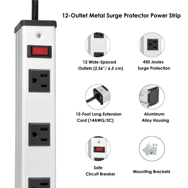 BESTTEN Heavy Duty Metal Surge Protector Power Strip, 12 Wide-Spaced Outlets with 12ft Long Extension Cord, 15A/125V/1875W, 450 Joules, ETL Listed, Silver