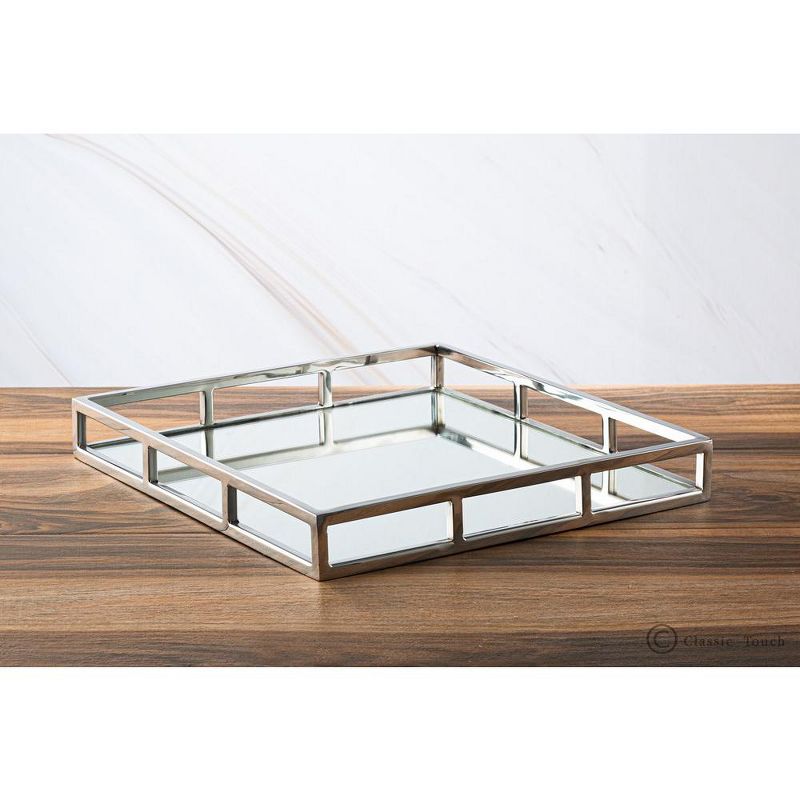 Classic Touch Square Mirror Tray with Mirror Base, Silver Color 