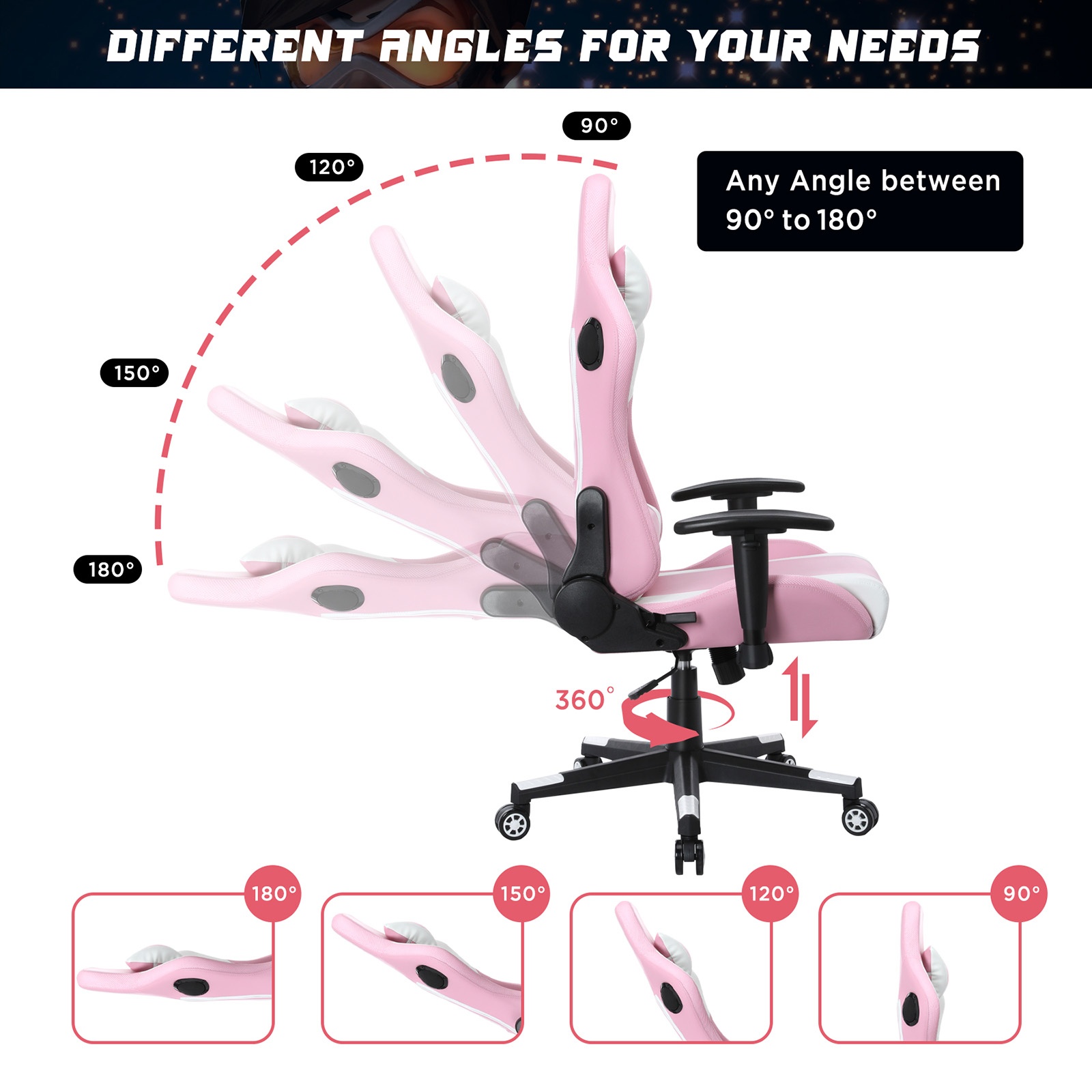 YOUTHUP Gaming Chair with RGB LED Lights, Racing Style Recliner Swivel Video Computer Chair with Bluetooth Speakers, Adjustable Ergonomic High Back, PU Leather with Headrest and Lumbar Support, Pink