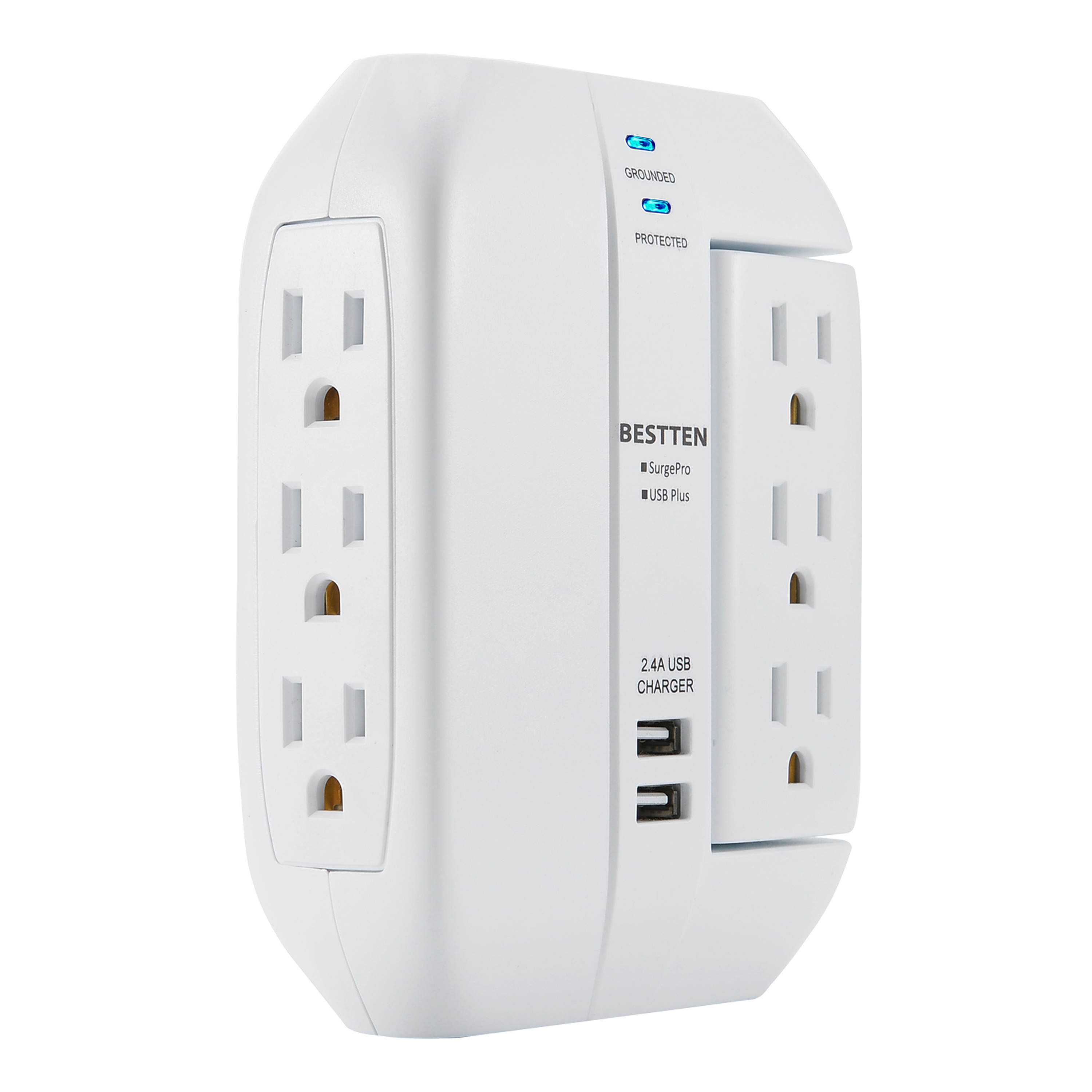 BESTTEN 6 Outlet (3 Swivel) Side Wall Tap Adapter, Surge Protector with 2 USB Charging Ports (2.4A total), 1350 Joule Surge Suppressor, ETL Certified, White