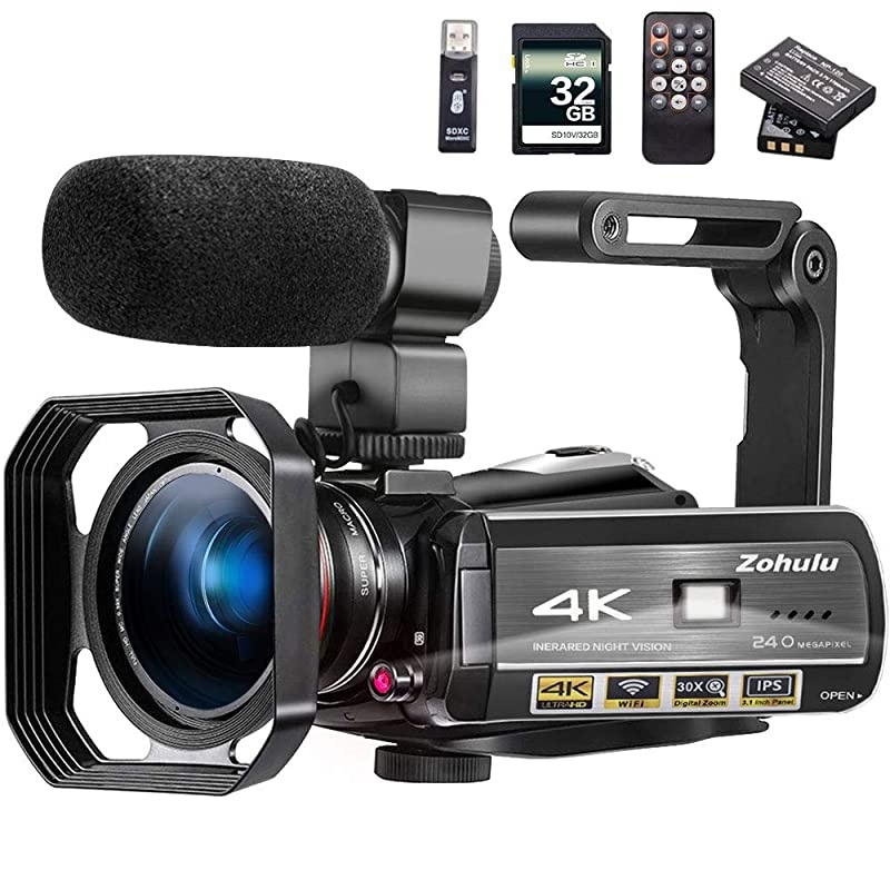 Video Camera 4K Camcorder  Vlog Camera for YouTube, HD Digital Camera with 30X Digital Zoom and Night Vision, Video Recorder with Microphone, Wide Lens (32GB SD Card, 2 Batteries Included)