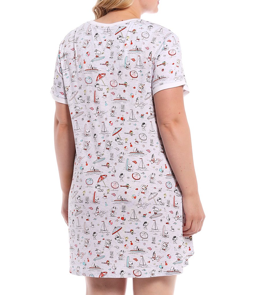 Peanuts Plus Size Round Neck Short Sleeve Aloha Snoopy Print Knit Sleepshirt
