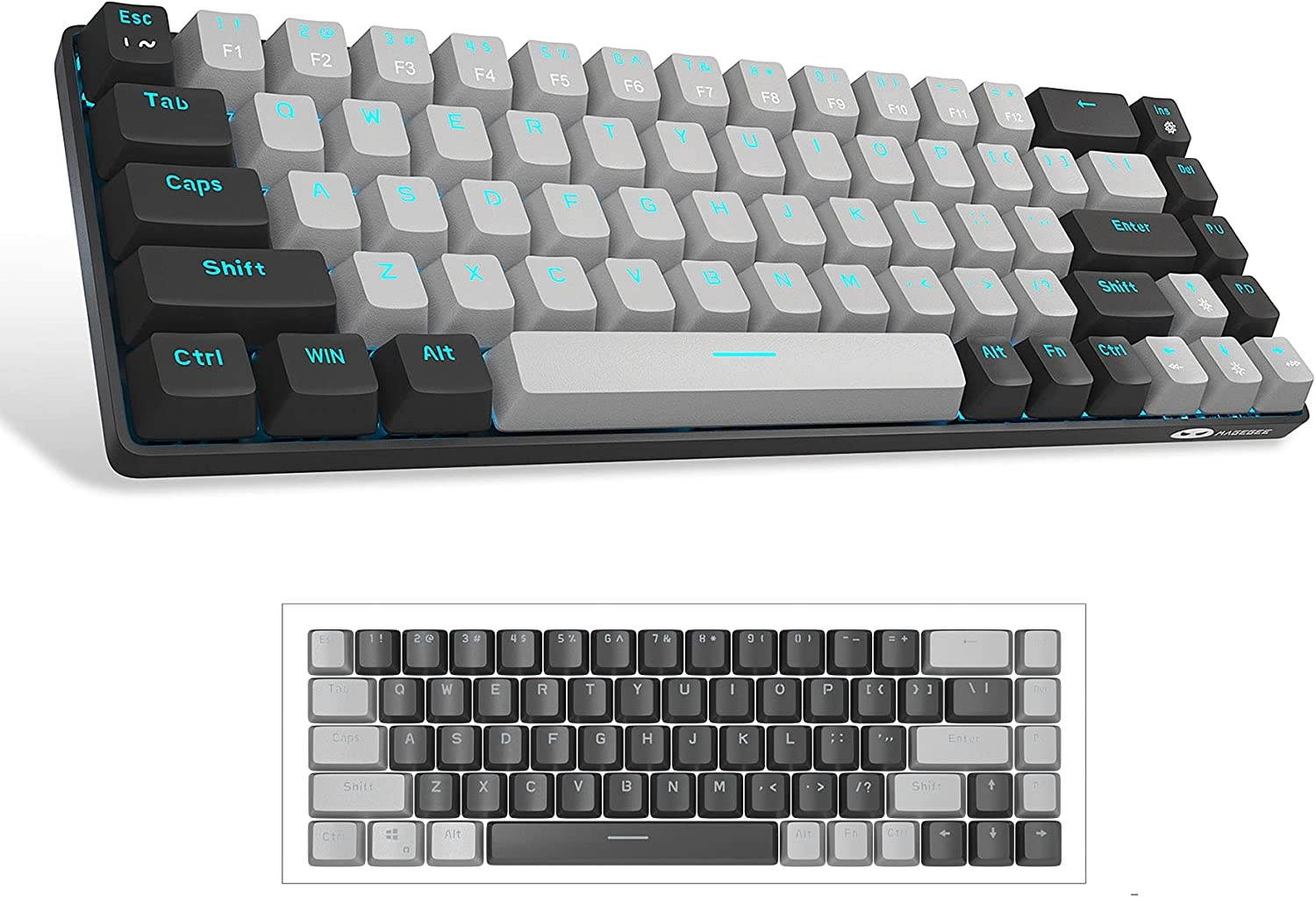 Portable 60% Mechanical Gaming Keyboard, MageGee MK-Box LED Backlit Compact 68 Keys TKL Wired Office Keyboard with Blue Switch for Windows Laptop PC Mac - Black/Grey
