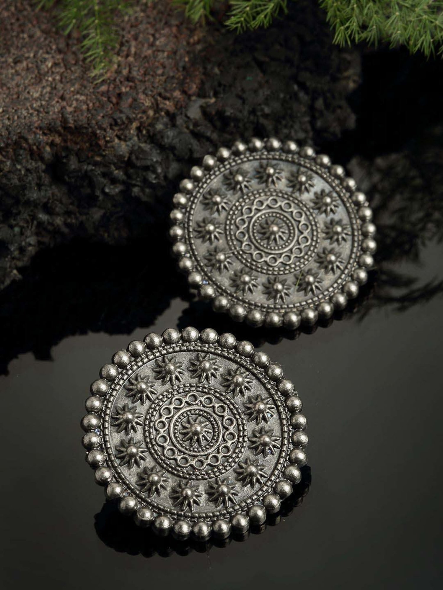 Panash Oxidized Silver-Toned Oversized Circular Stud Earrings