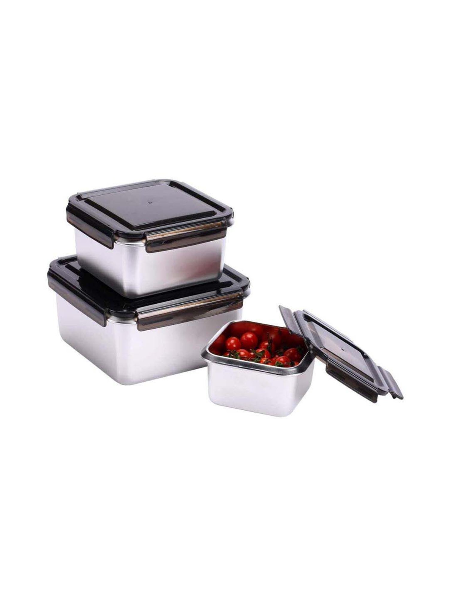 Femora Silver Steel Containers with Lid (380 ml) - Set of 3