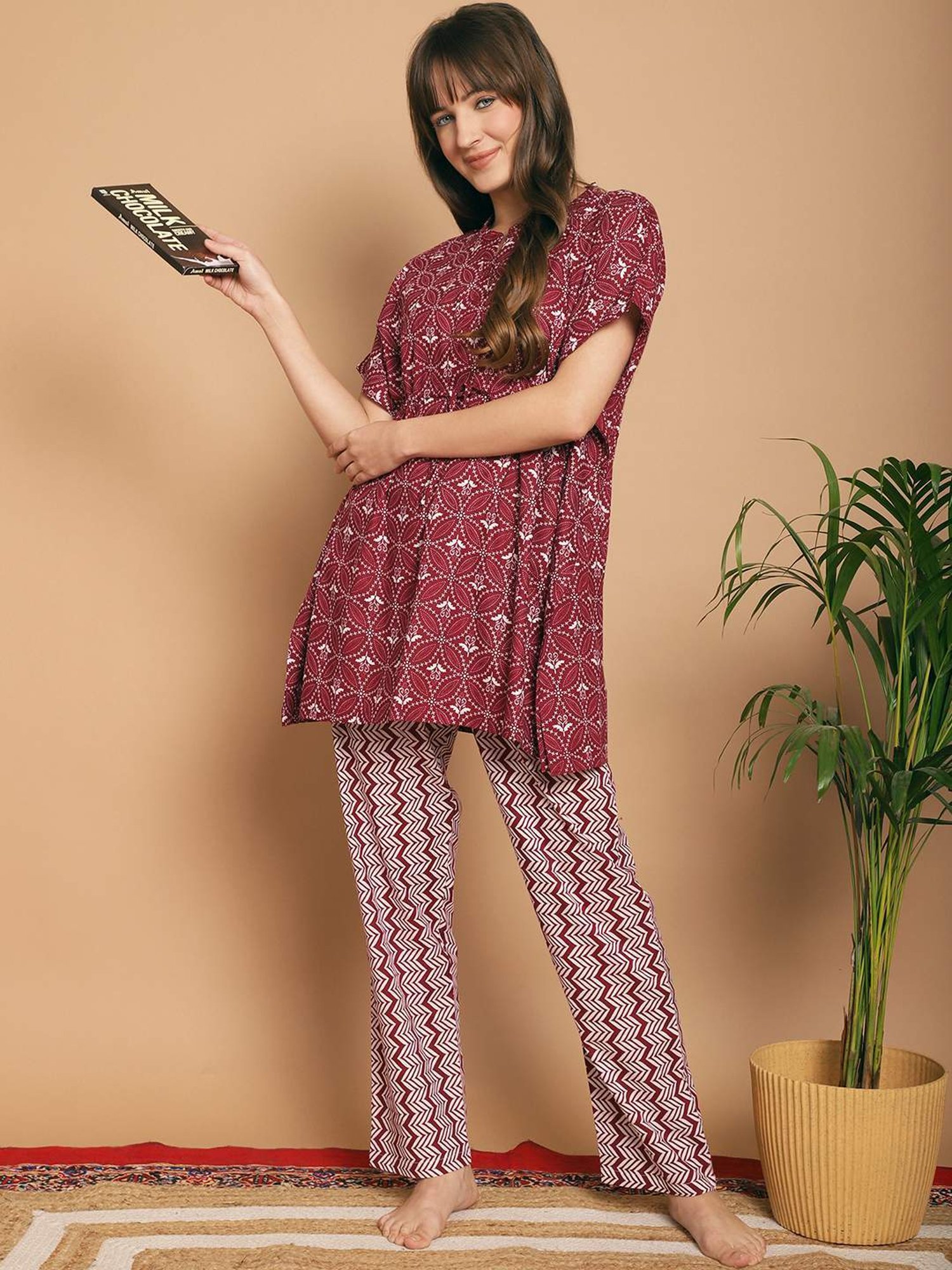 Kanvin Maroon Cotton Printed Tunic Pyjamas Set