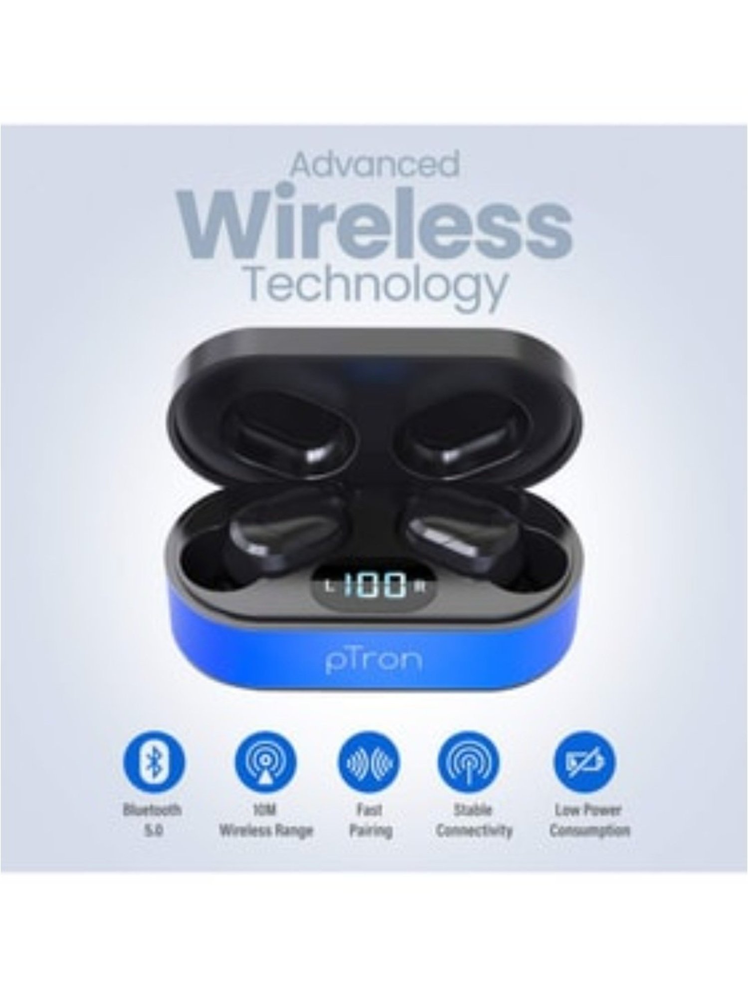 PTron Bassbuds Plus True Wireless Bluetooth 5.0 Earbuds, Digital Display & with Mic (Blue & Black)