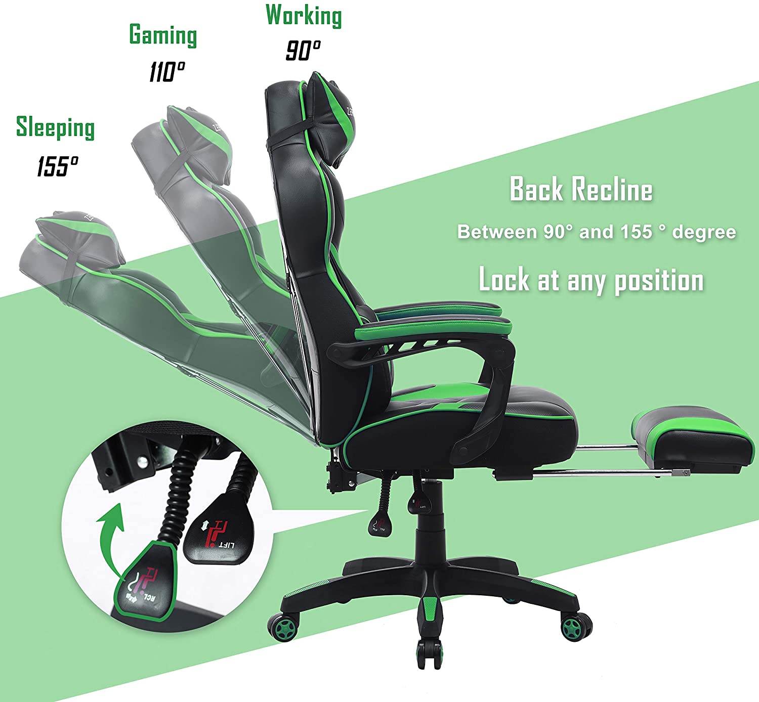 Zeanus Gaming Chair for Adults Green, Gaming Chair with Footrest, Massage Computer Gaming Chair, Reclining Gaming Desk Chair, Big and Tall Video Gaming Chair, Racing Style Chair, E-Sports Gamer Chair
