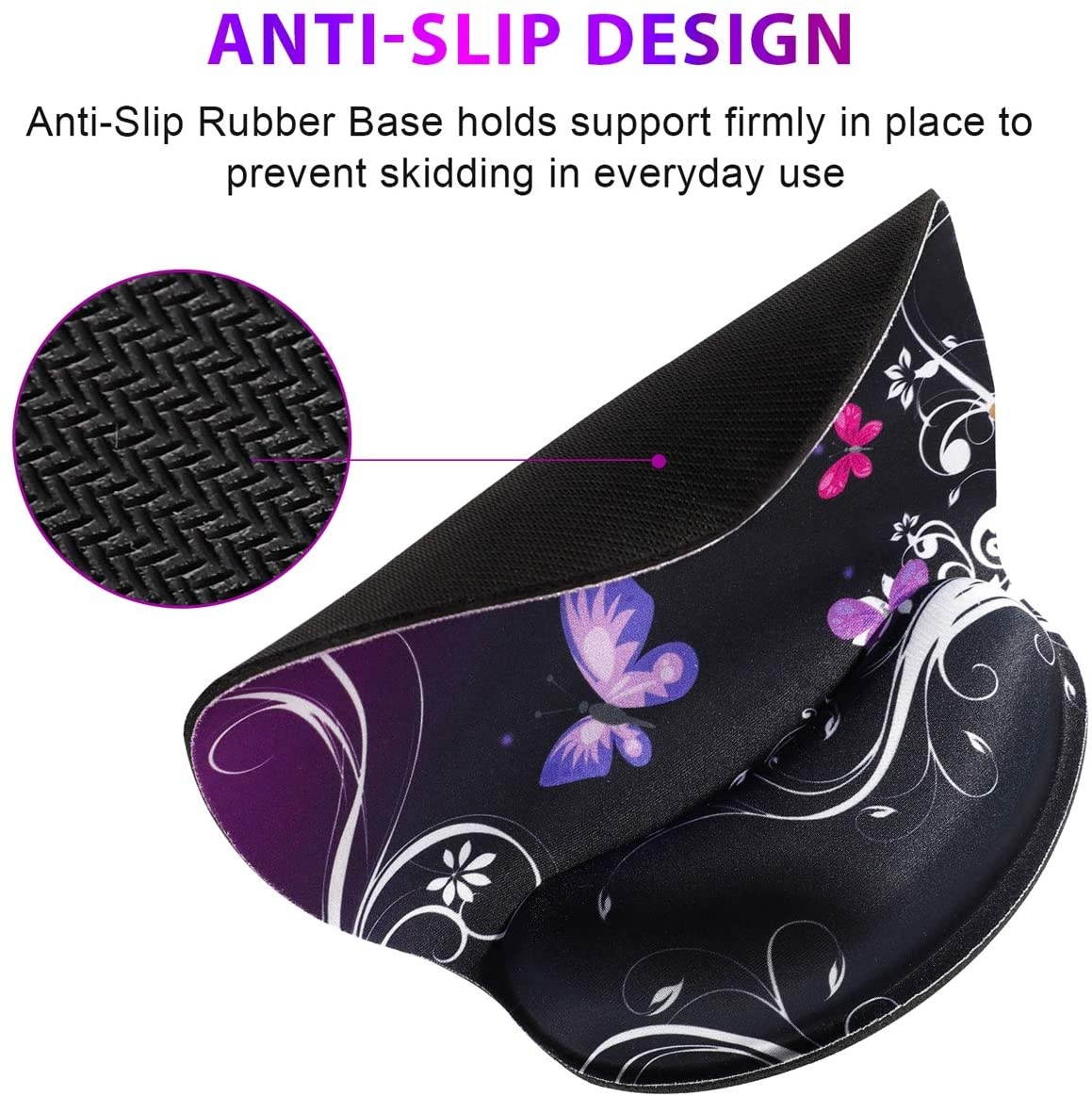 Mouse Pad Wrist Rest Support, ToLuLu Gel Ergonomic Mouse Pads with Non Slip Rubber Base Memory Foam Support, Mouse Wrist Rest Pad for Laptop Computer Home Office Working Pain Relief, Purple Butterfly