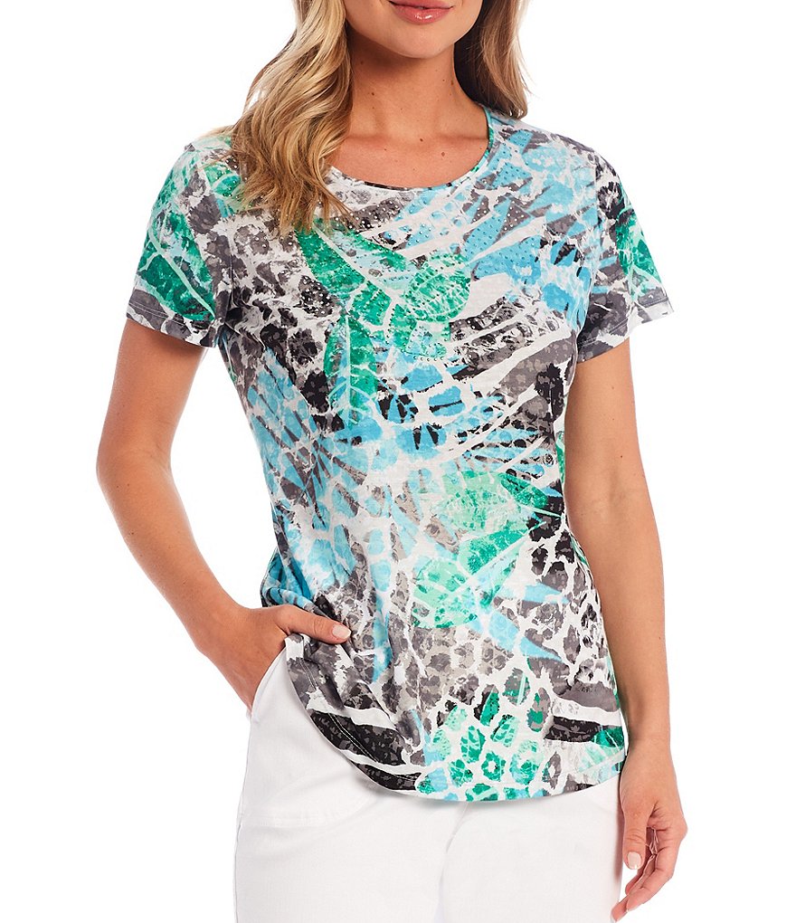 Allison Daley Desert Animal Print Embellished Front Detail Crew Neck Short Sleeve Top