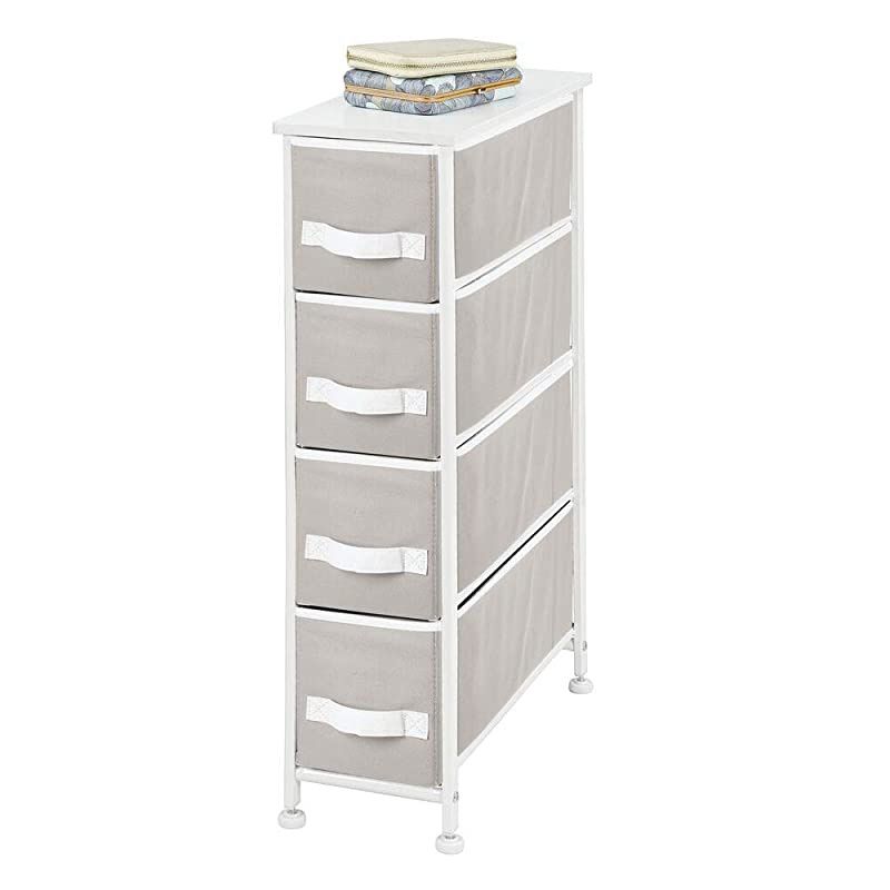 Narrow Vertical Dresser Storage Tower - Sturdy Metal Frame, Wood Top, Easy Pull Fabric Bins - Organizer Unit for Bedroom, Hallway, Entryway, Closet - 4 Drawers - Gray/White