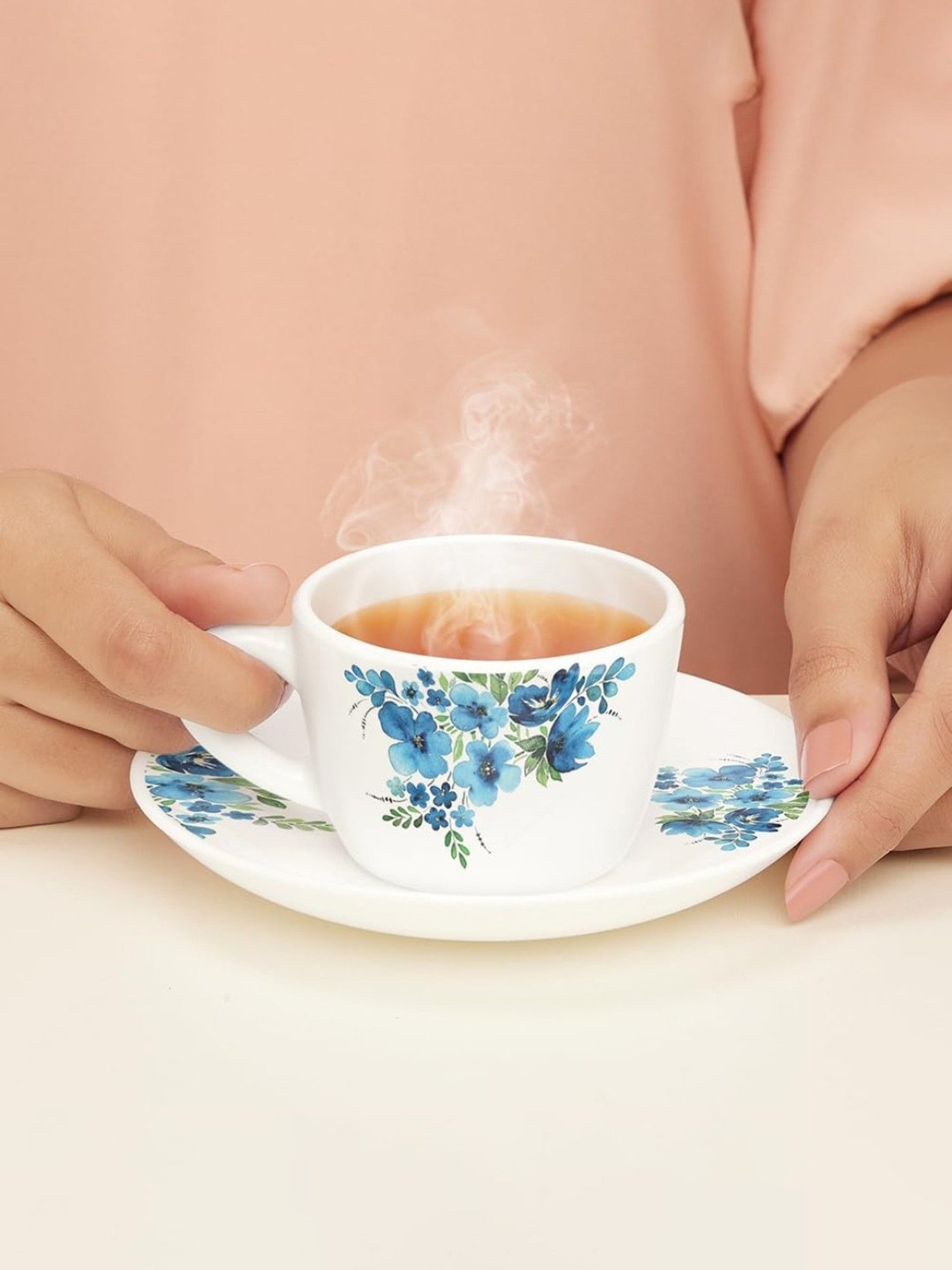 India Circus Floral Blue Bone China Cup Saucer (Set of 8)