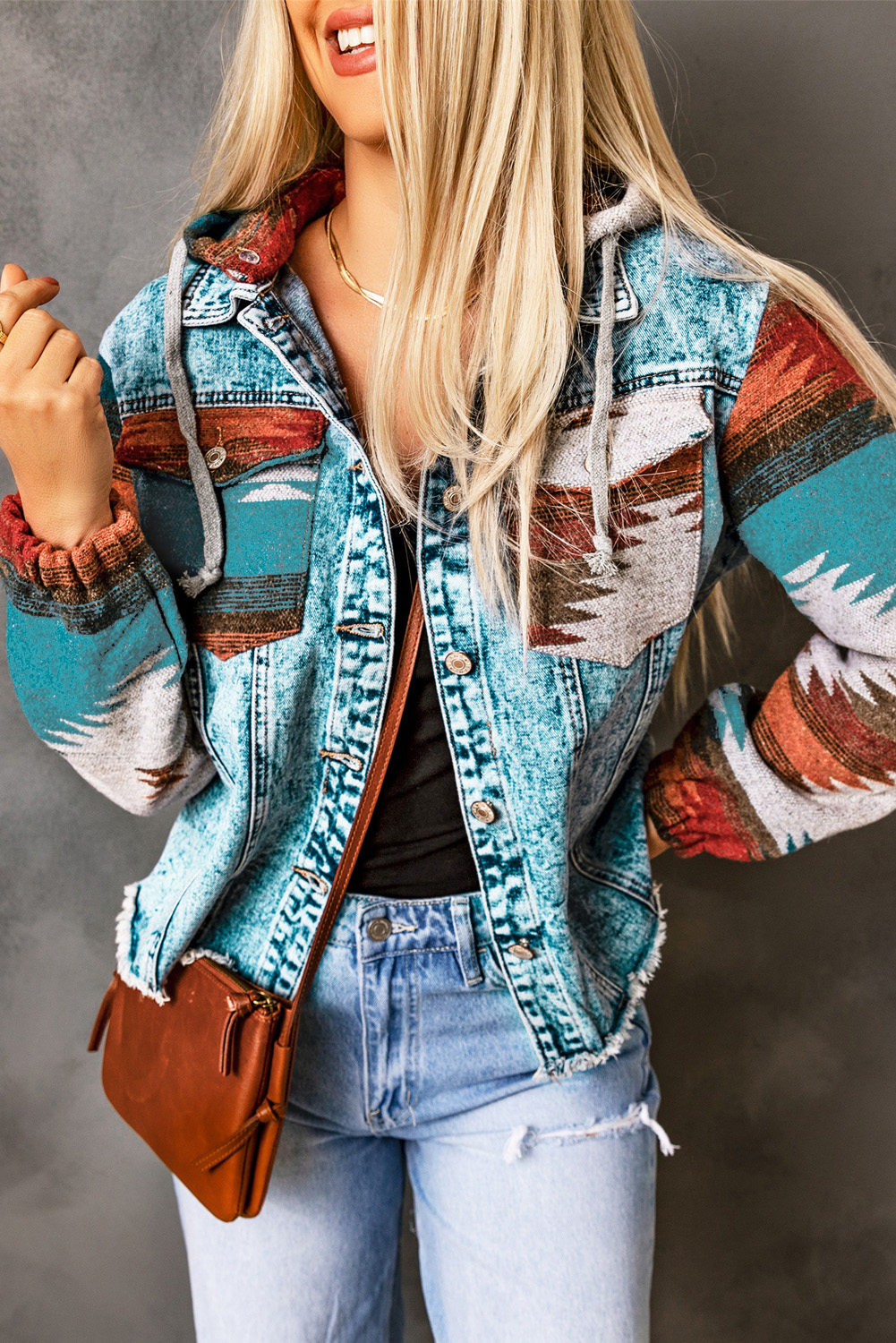 Multicolor Geometric Print Frayed Hem Denim Jacket