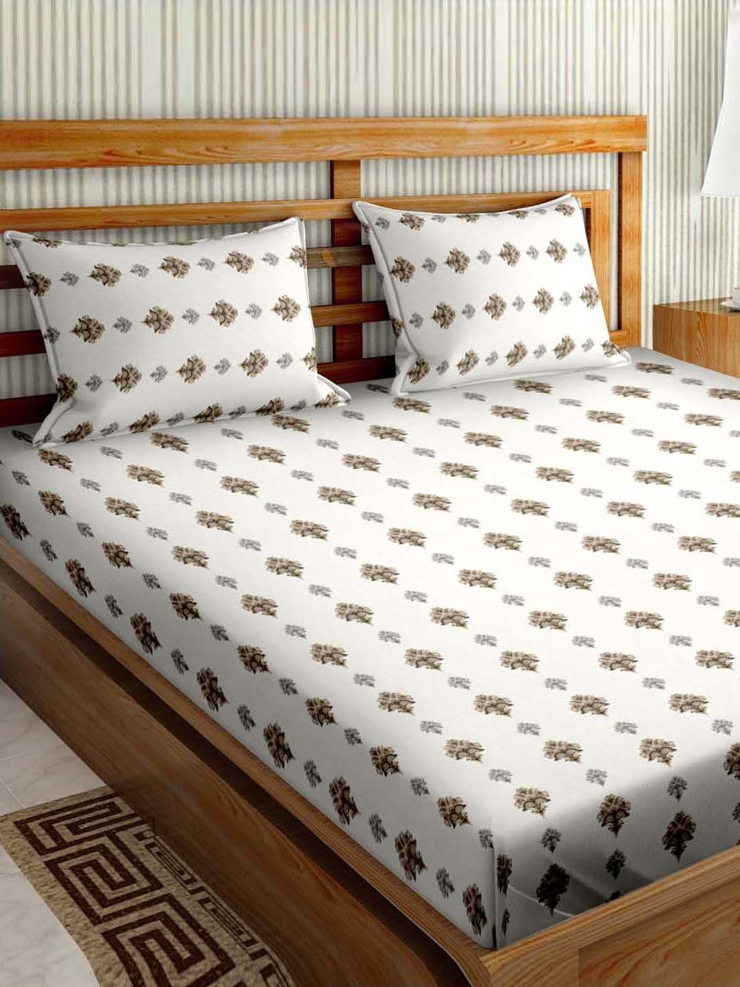 Bella Casa Stella Collection Brown Cotton 180 TC King Size Bedsheet with 2 Pillow Covers