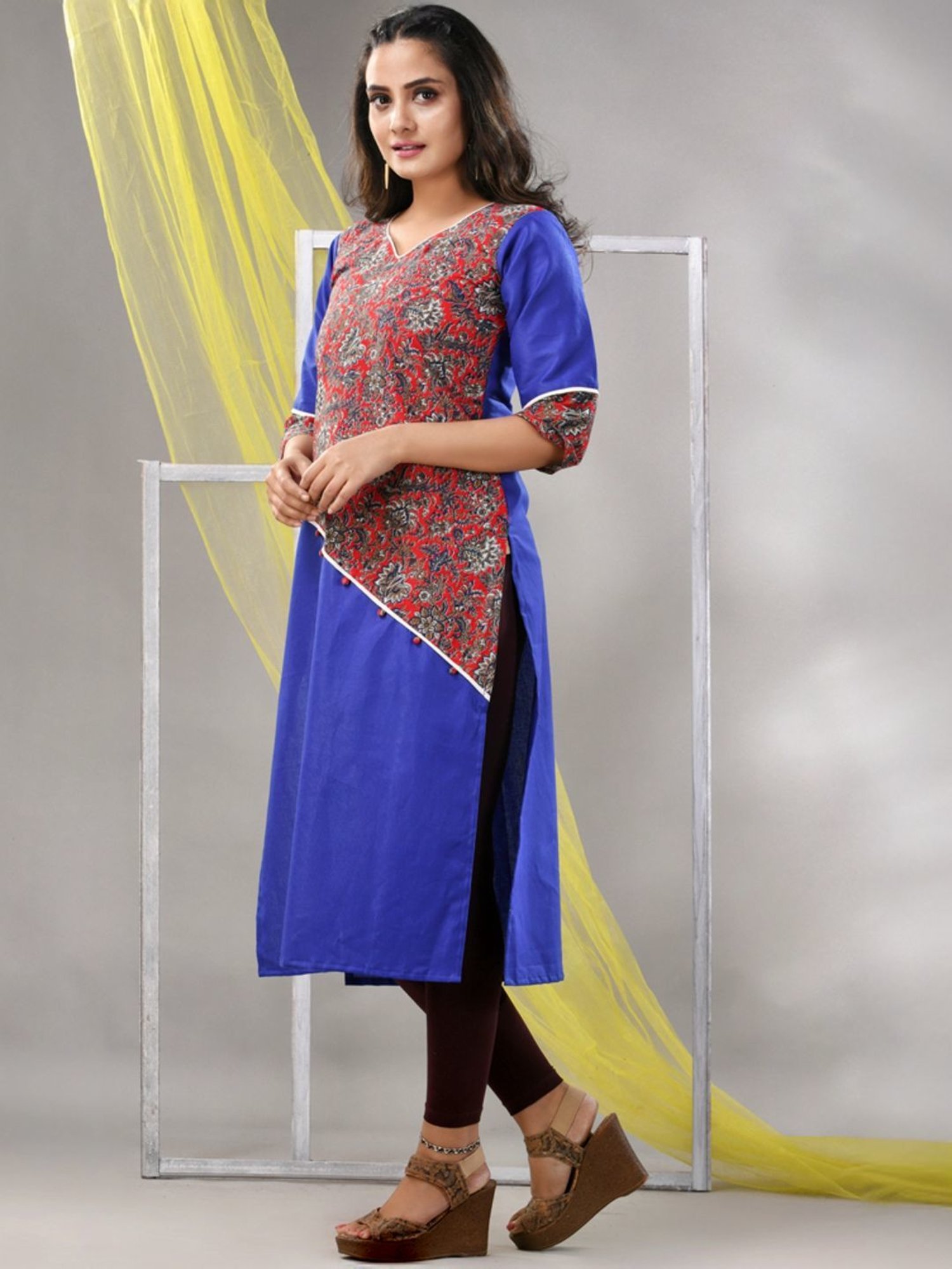 CHARUKRITI Blue Cotton Printed Straight Kurta