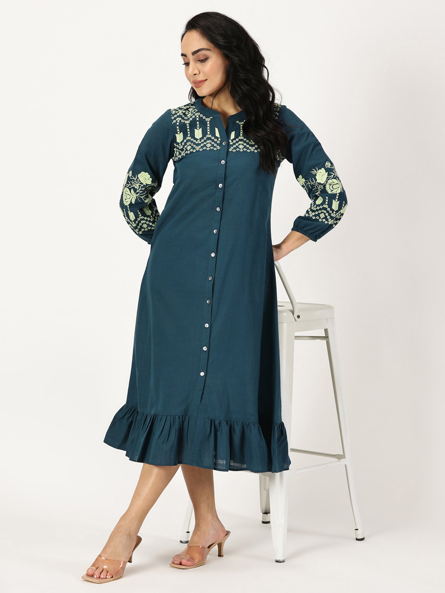 Saffron Threads Teal Cotton Embroidered Ethnic Dress