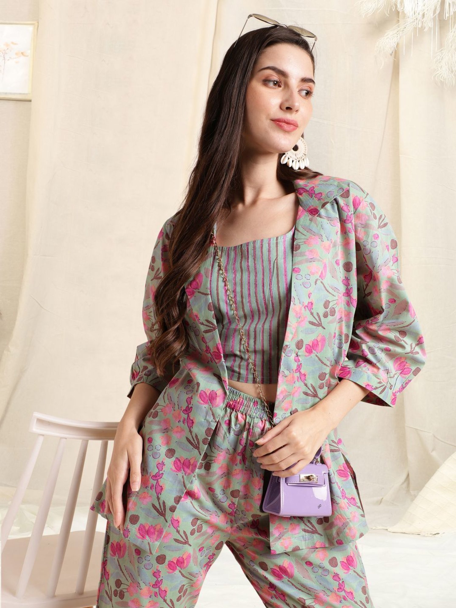 MIRCHI FASHION Sea Green Cotton Printed Top Pant Set With Jacket