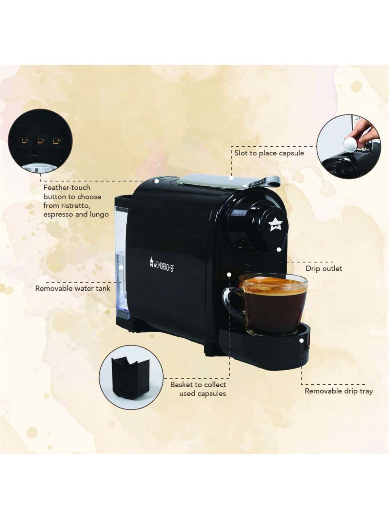 Wonderchef Regalia Capsule Coffee Machine with Frother (1400W, Black)