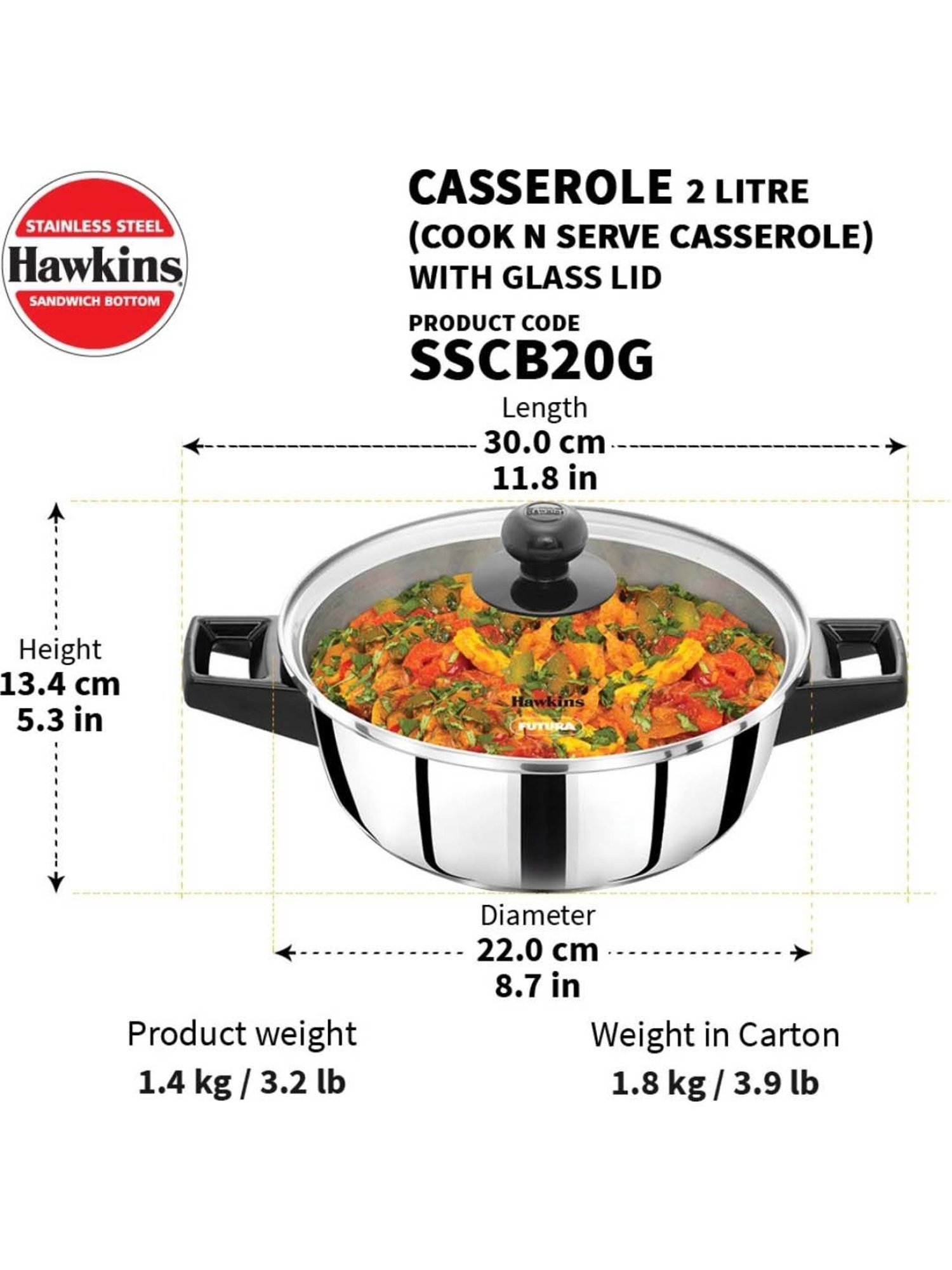 FnS Elantra Silver Stainless Steel Casserole With Lid (0.9 L)