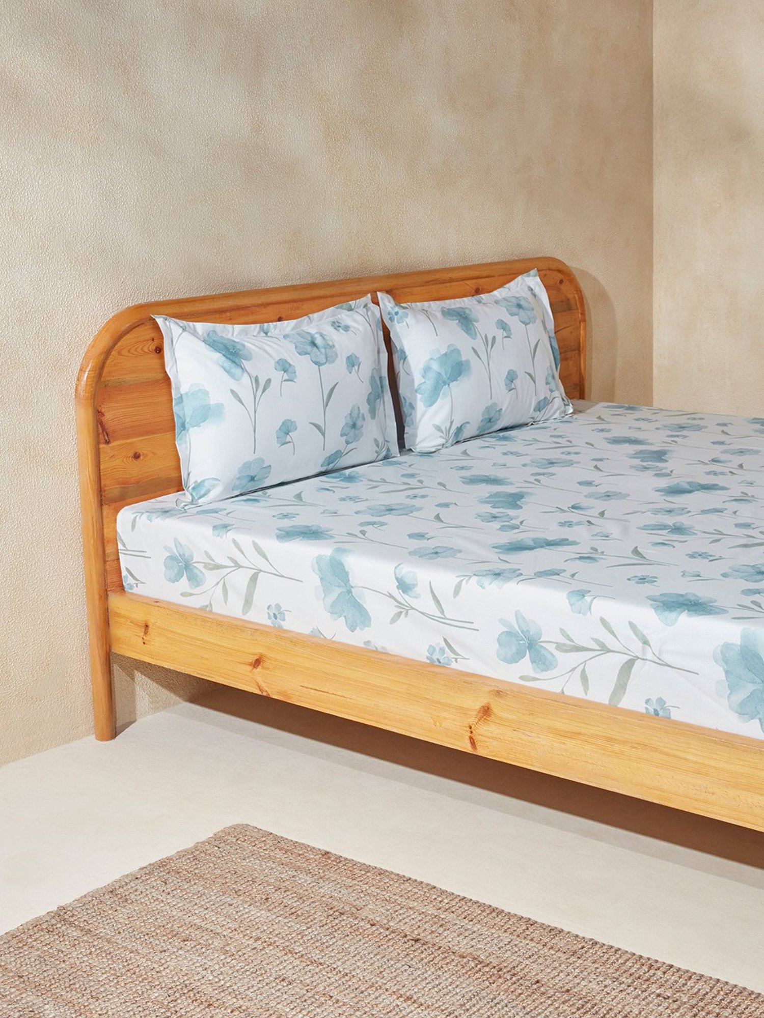 Westside Home Dusty Blue Floral Double Bed Flat Sheet & Pillowcase