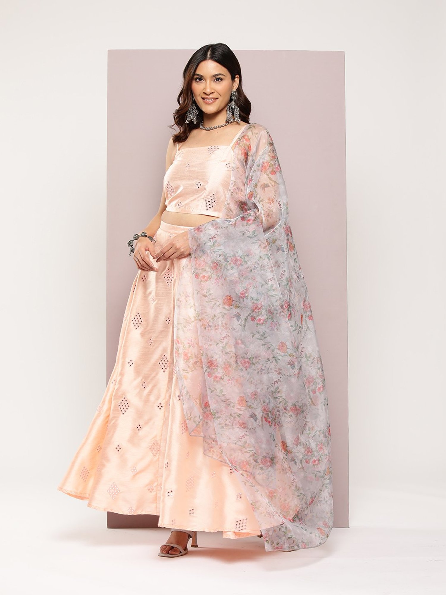 Jompers Peach Embroidered Lehenga Choli Set With Dupatta