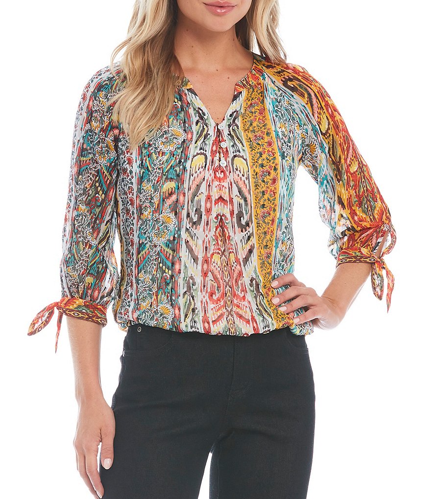 Figueroa & Flower Petite Size Lita Printed Dot Clip Chiffon 3/4 Tie Sleeve Split V-Neck Bubble Hem Top