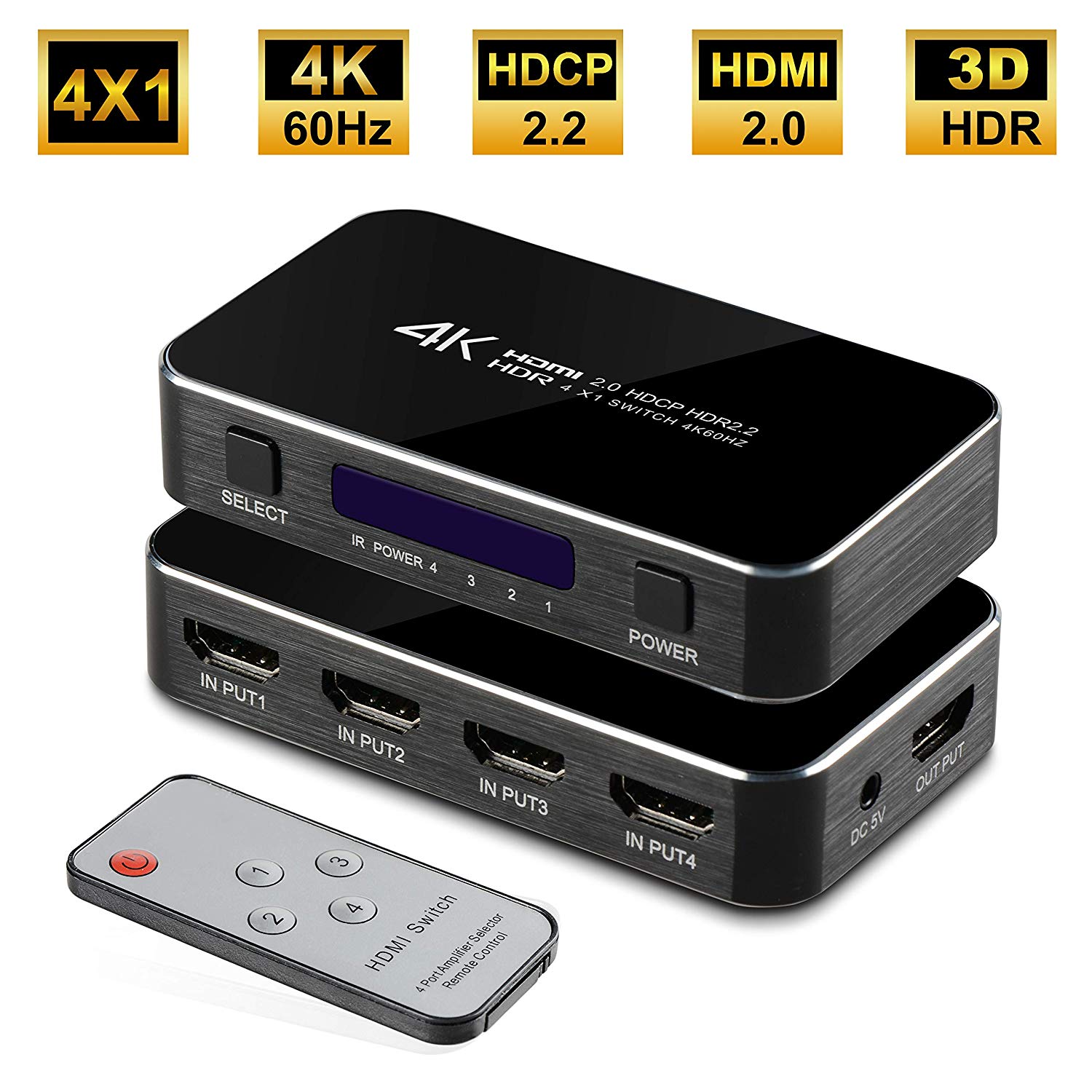 HDMI Switch, Nurbenn 4 Ports 4K 60Hz HDMI 2.0 Switcher Selector with IR Wireless Remote, Supports UltraHD Dolby Vision, High Speed(Max to 18.5Gbps), HDR10, HDCP 2.2 & 3D
